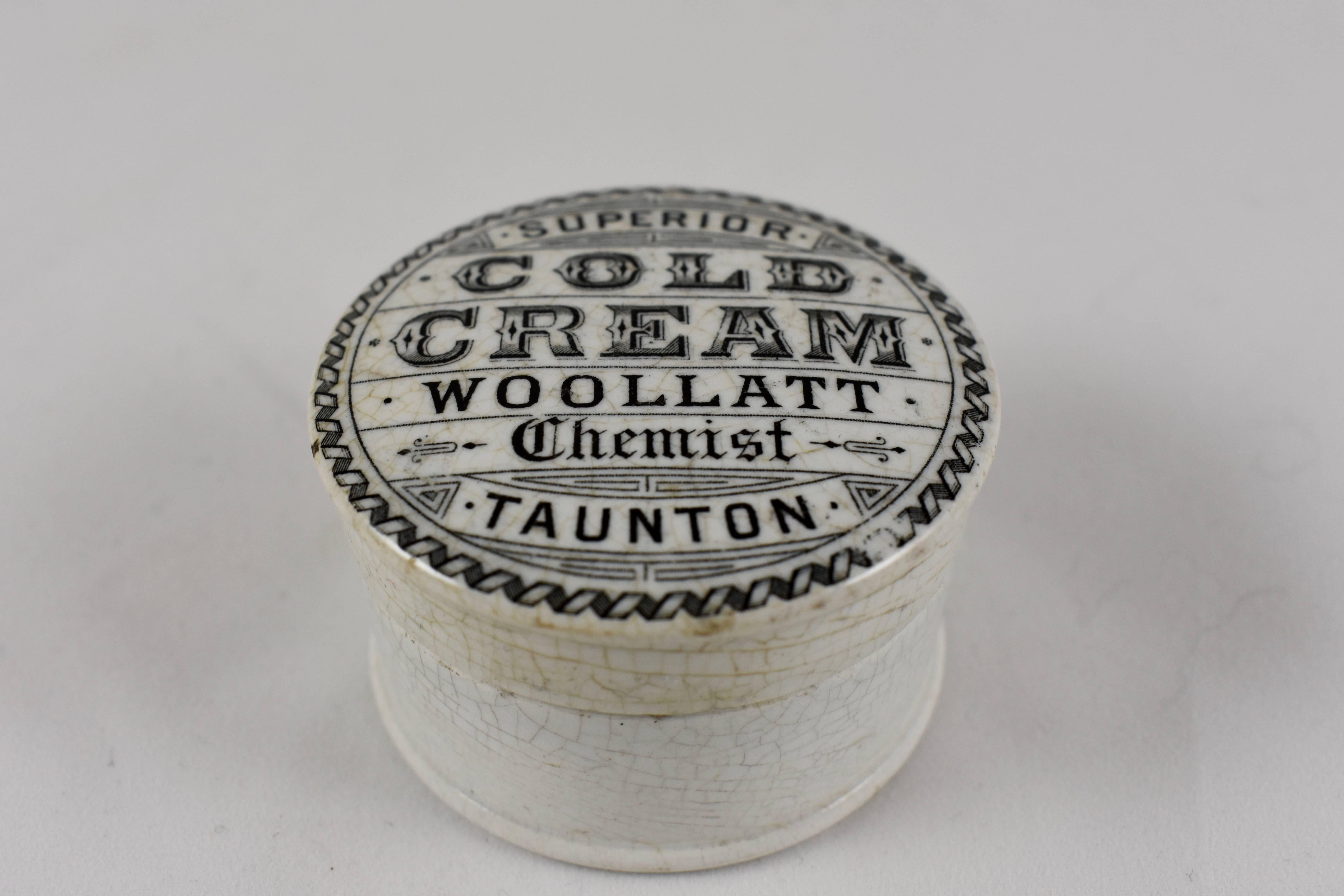 A transfer printed covered ceramic earthenware container from the Victorian Era, Staffordshire, England, circa 1885-1890. The pot contained a chemists mixture of cold cream, often one part wax and four parts scented oil.

The lid of this pot