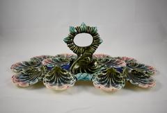 Longchamp French Barbotine Majolica Handled Oyster Server, circa 1860-1880