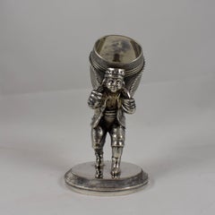 Silver Victorian Era Aesthetic Movement Figural Napkin Ring, Man Toting Barrel