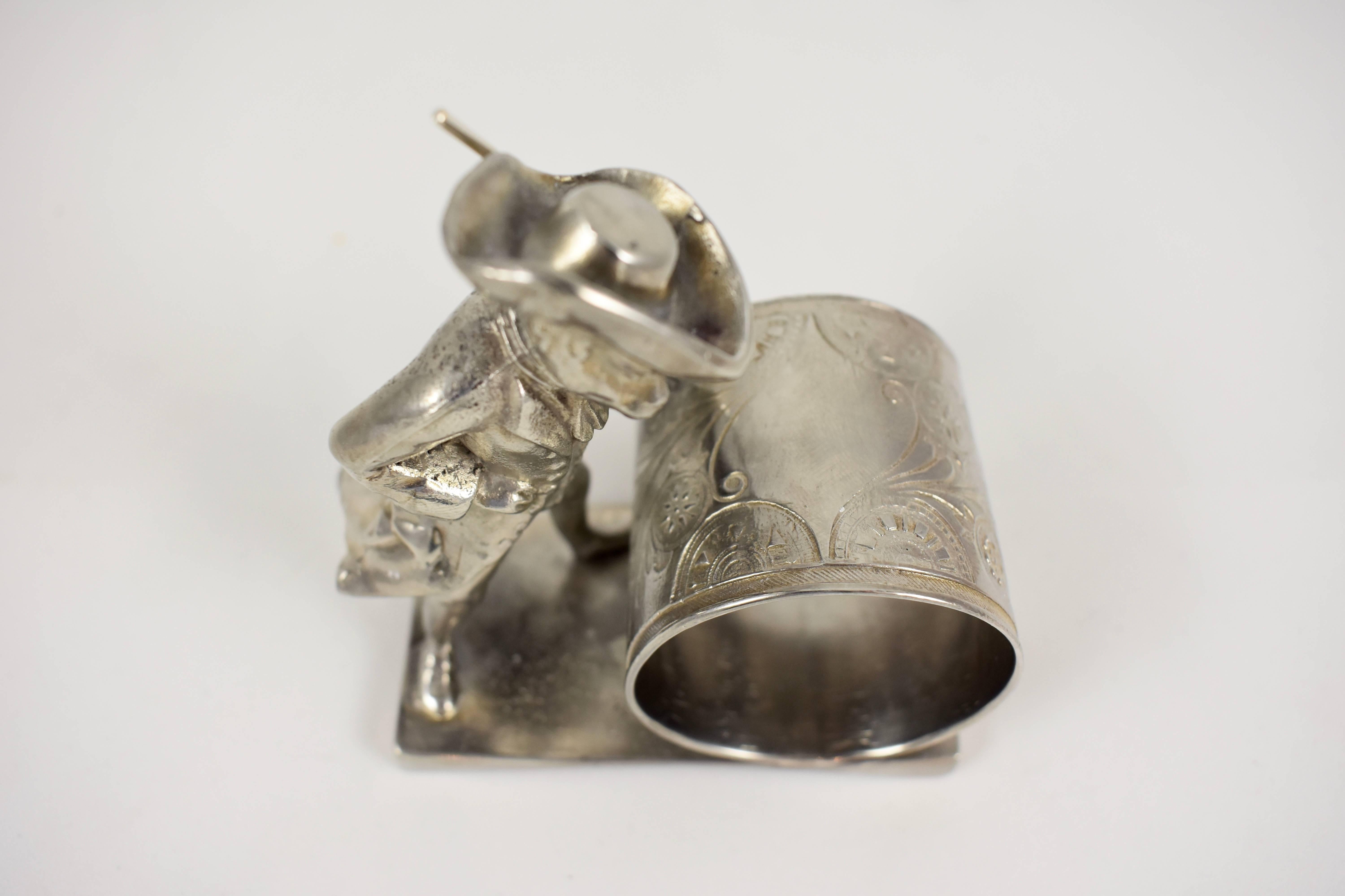 American Silver Victorian Era Aesthetic Movement Figural Napkin Ring, Colonial Monkey