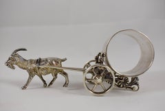 Silver Victorian Era Aesthetic Movement Figural Napkin Ring, Goat Pulling a Cart