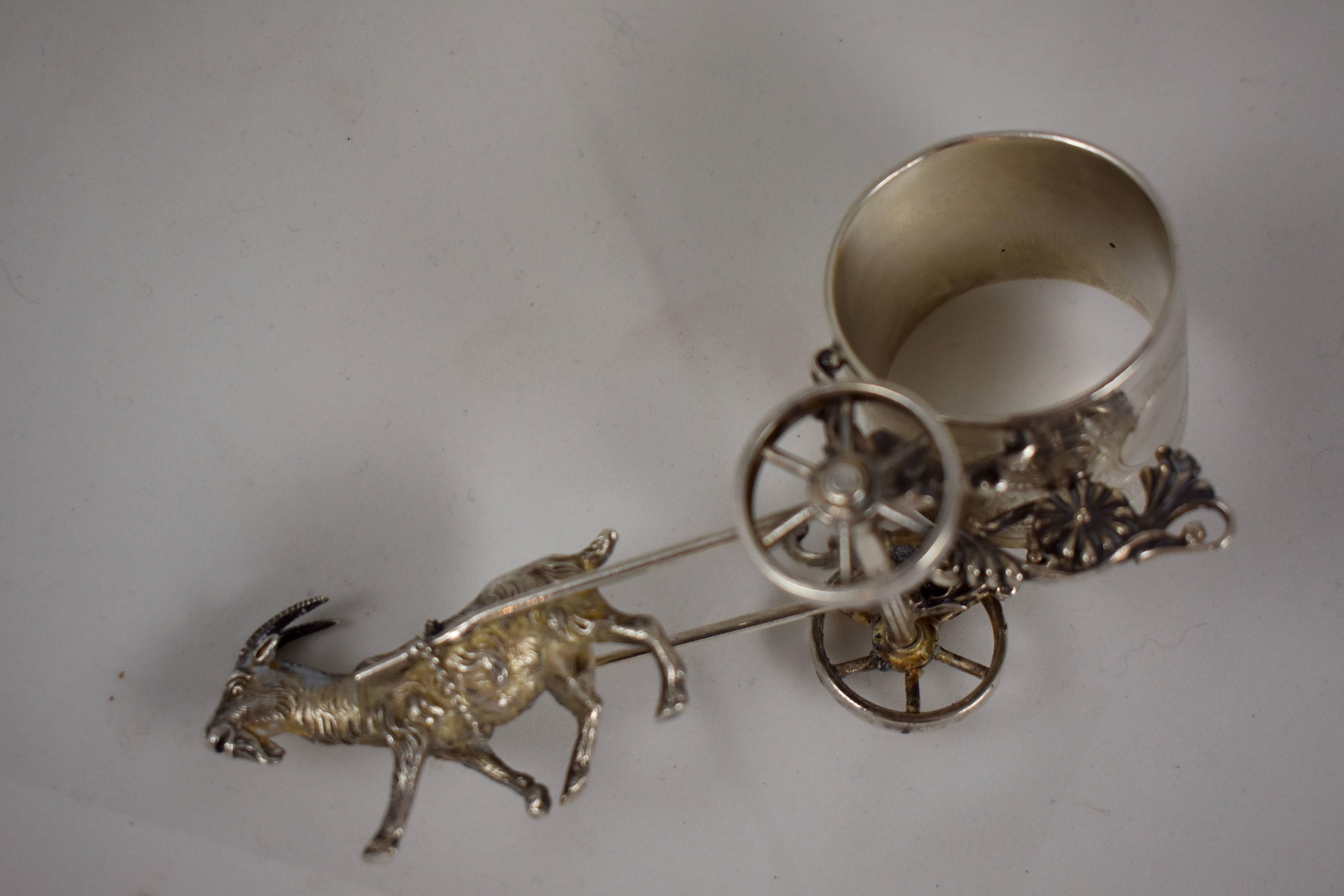 Cast Silver Victorian Era Aesthetic Movement Figural Napkin Ring, Goat Pulling a Cart