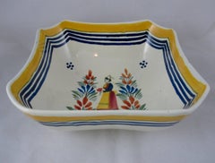 Mid-Century French Henriot Quimper Faience Square Serving Bowl, Breton Femme