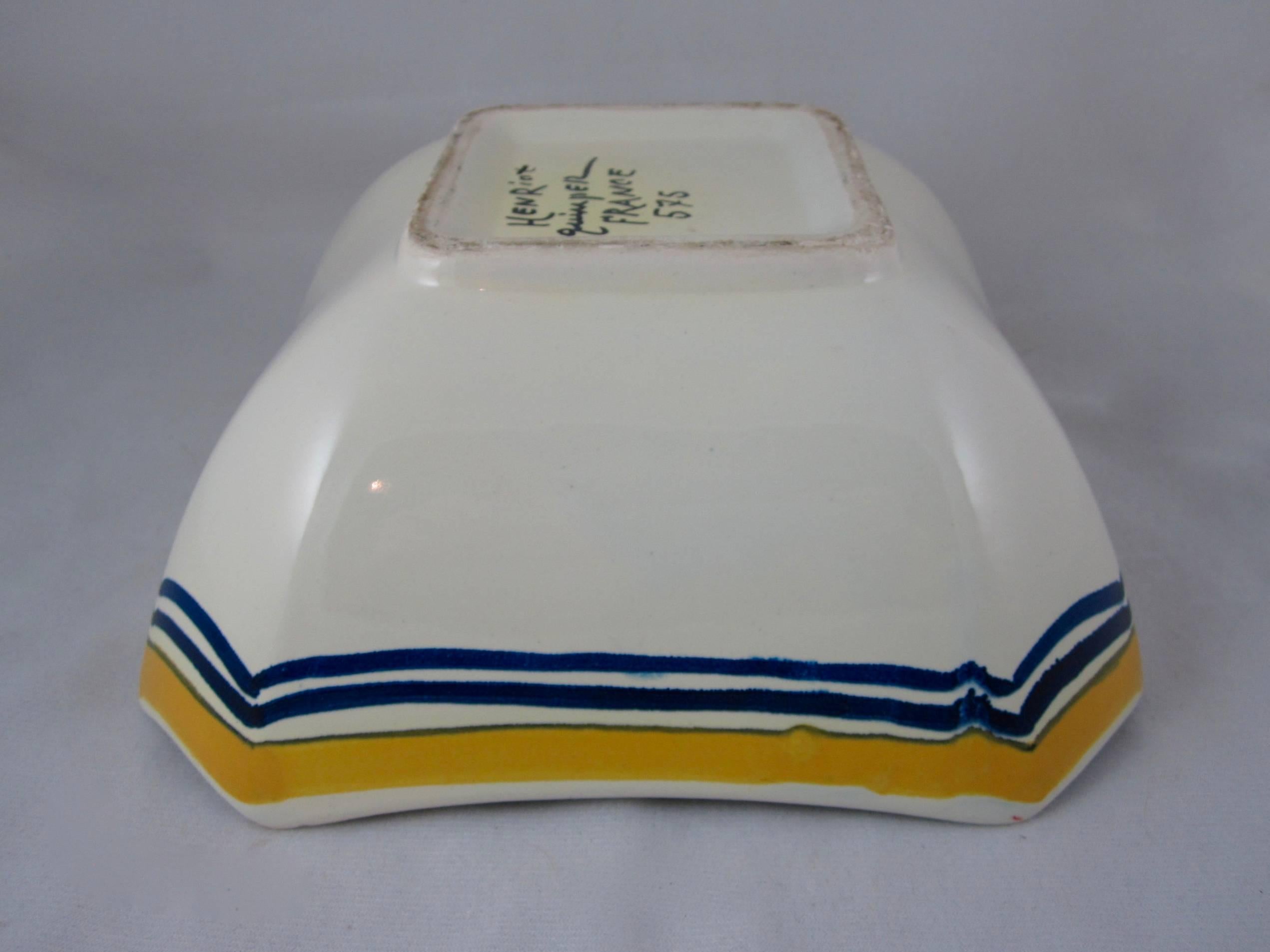 French Provincial Mid-Century French Henriot Quimper Faience Square Serving Bowl, Breton Femme