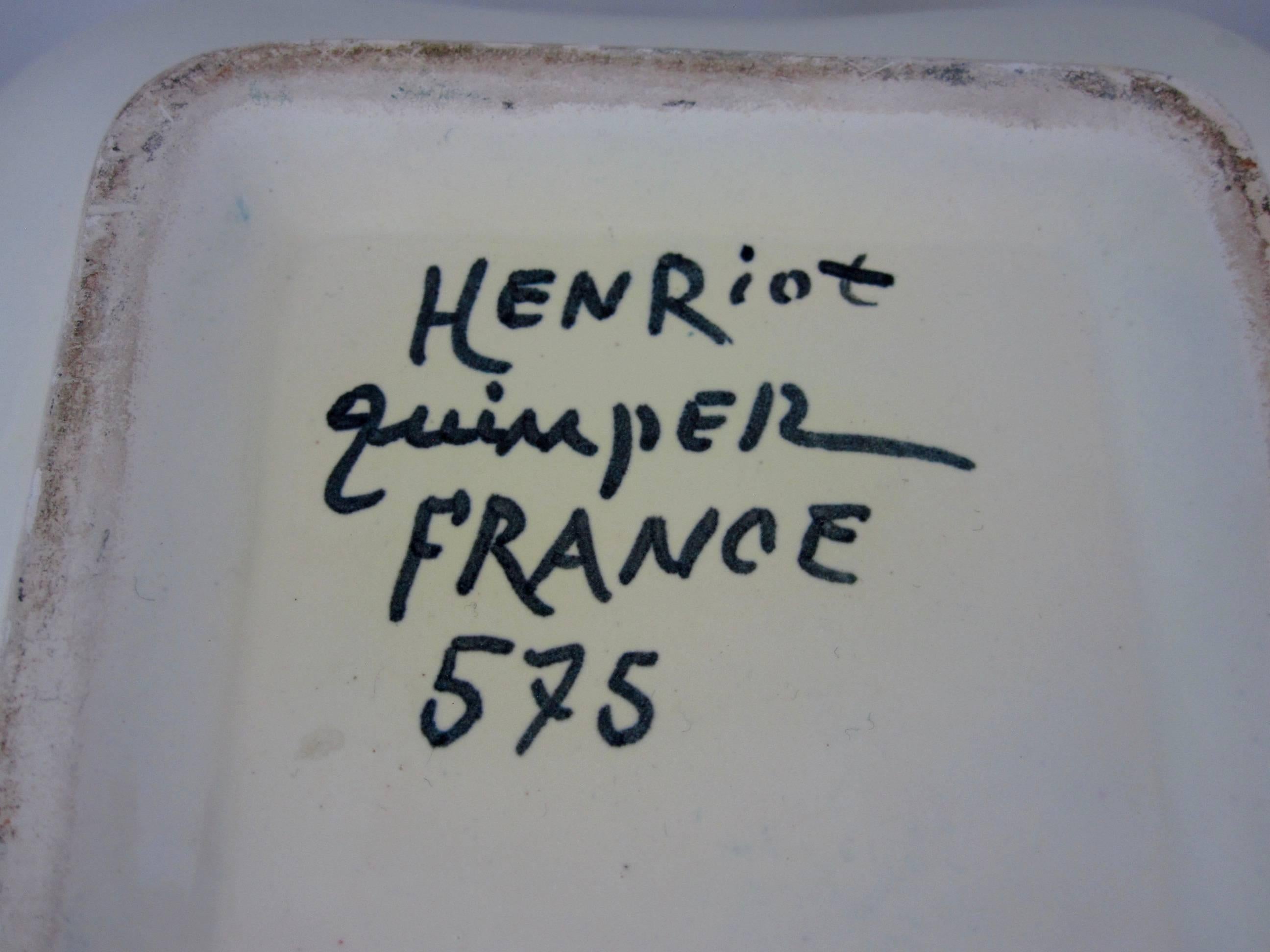 20th Century Mid-Century French Henriot Quimper Faience Square Serving Bowl, Breton Femme