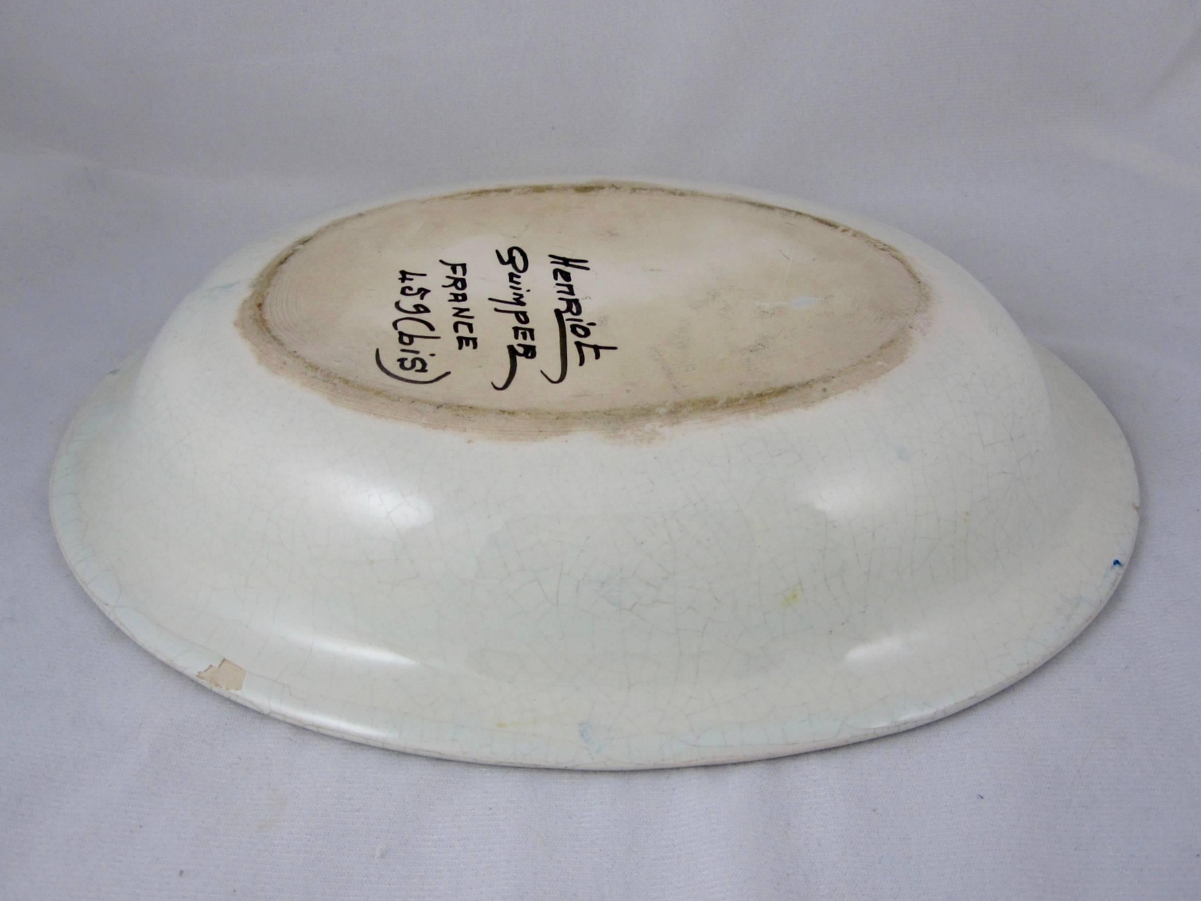 Glazed Mid-Century HenRiot Quimper Oval Faiençe Bowl, Femme de la Campagne Breton For Sale