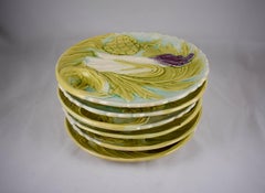 French Art Nouveau Faïence Majolica Asparagus & Artichoke Plates, Set of Six