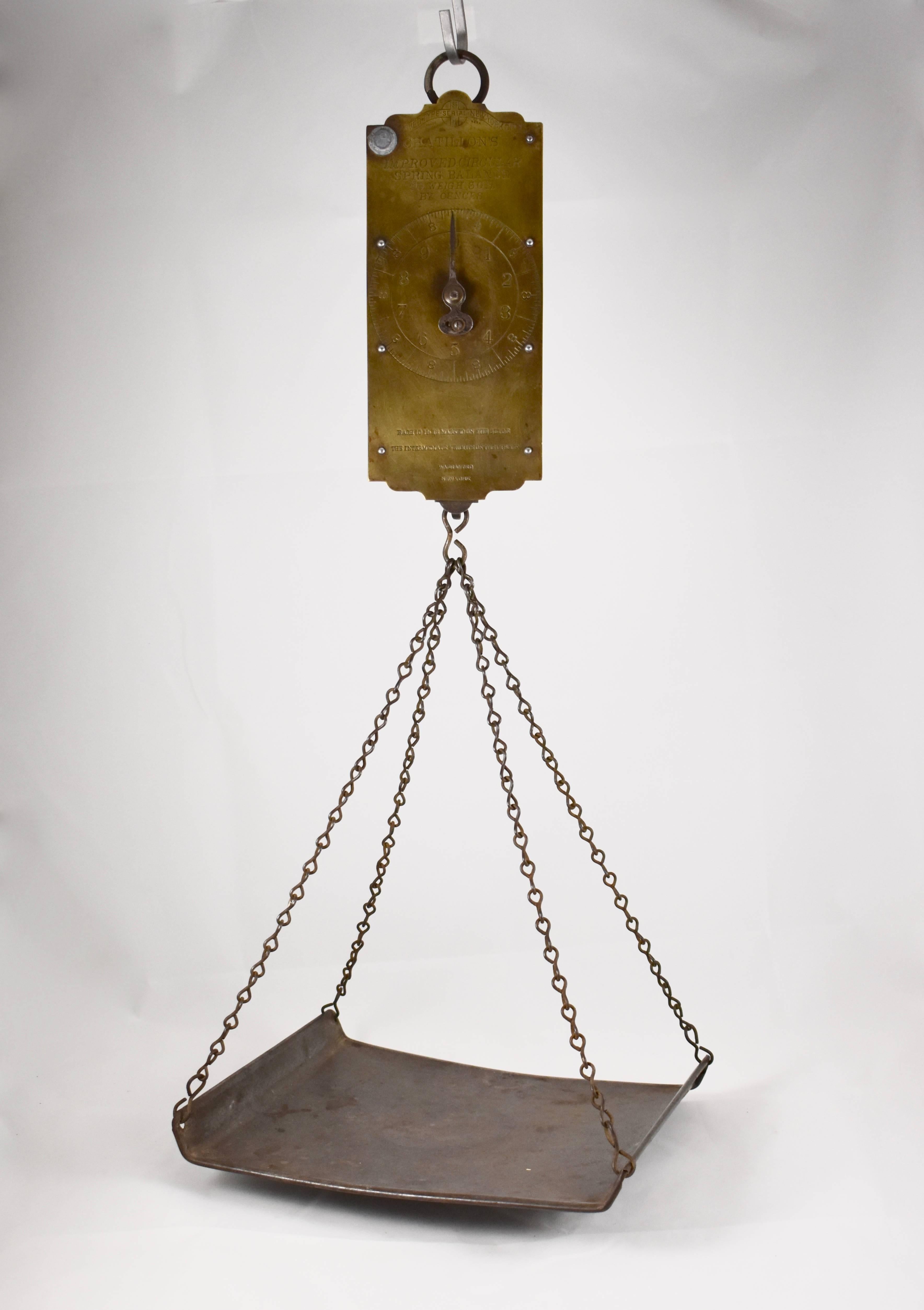 Industrial 19th C. Chatillion Hanging Brass Mercantile 30 Lb. Scale with Galvanized Tray