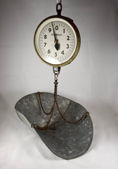 1930s Detecto Hanging Mercantile Produce Scale with Galvanized Steel Scoop