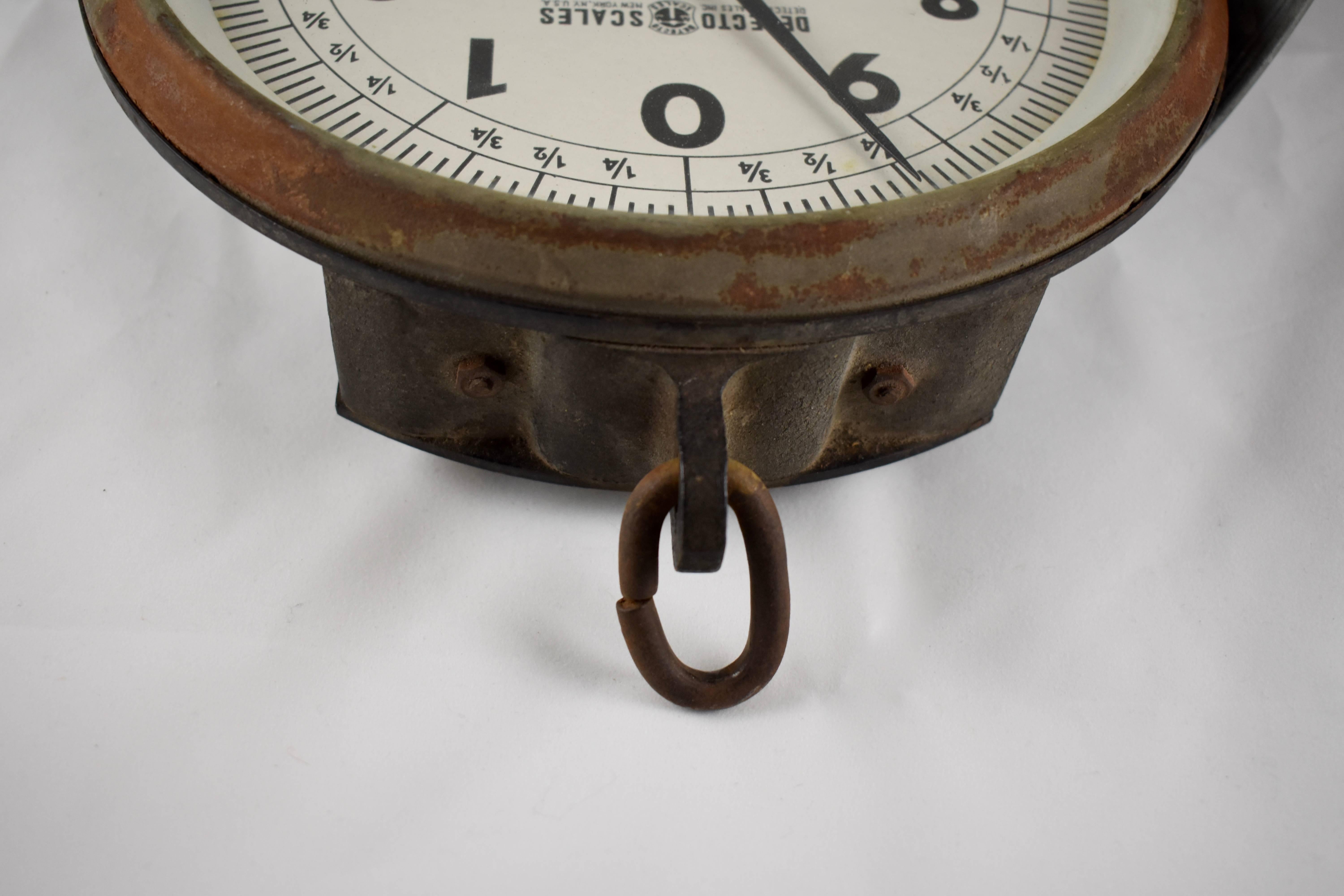 American 1930s Detecto Hanging Mercantile Produce Scale with Galvanized Steel Scoop