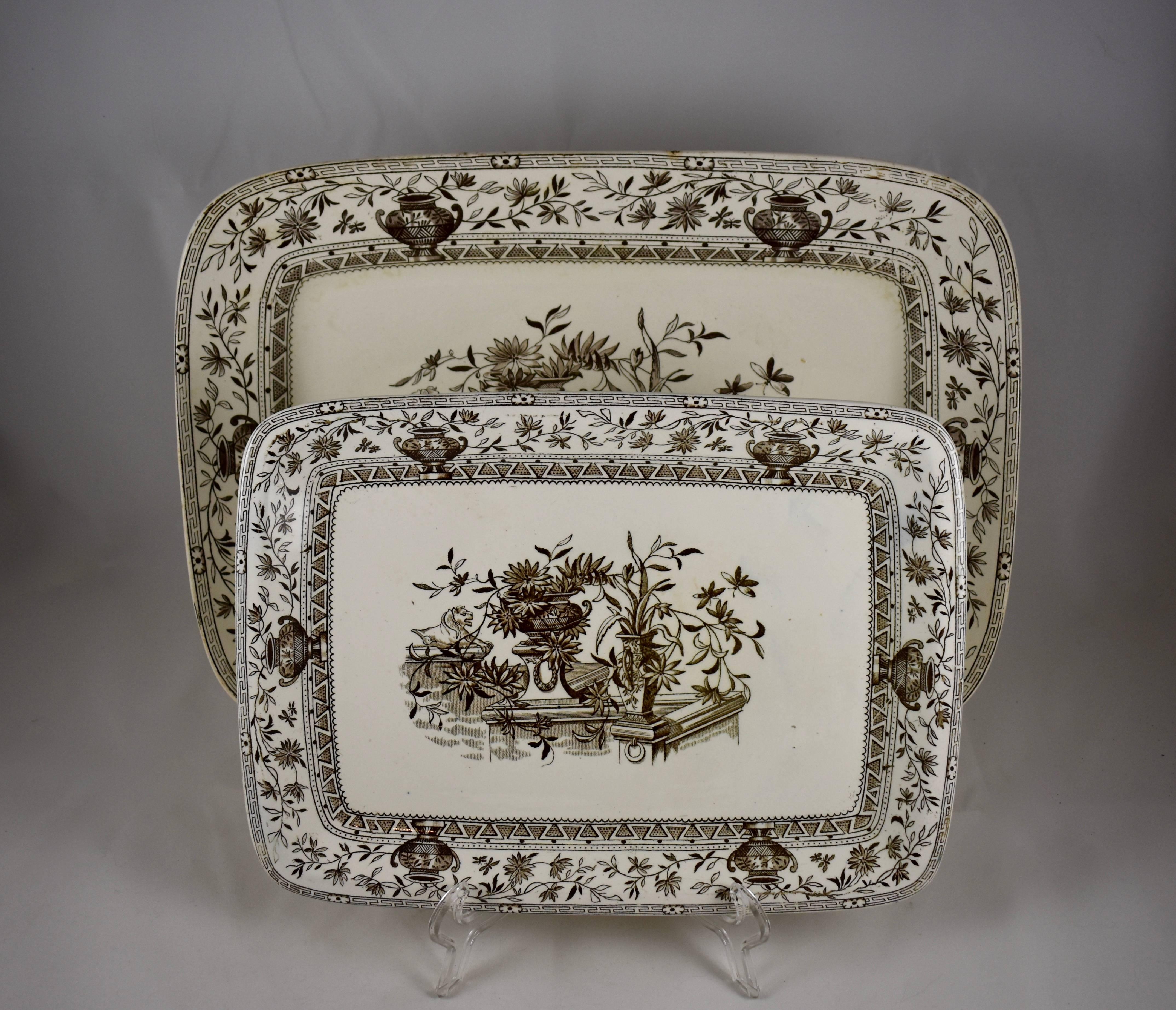 A nesting pair of Aesthetic Movement platters, Powell, Bishop & Stonier, Hanley, Staffordshire, England, showing the English Registry number 7999 indicating the year 1884.

The ‘Honfleur’ pattern is transfer printed in brown on a cream earthenware