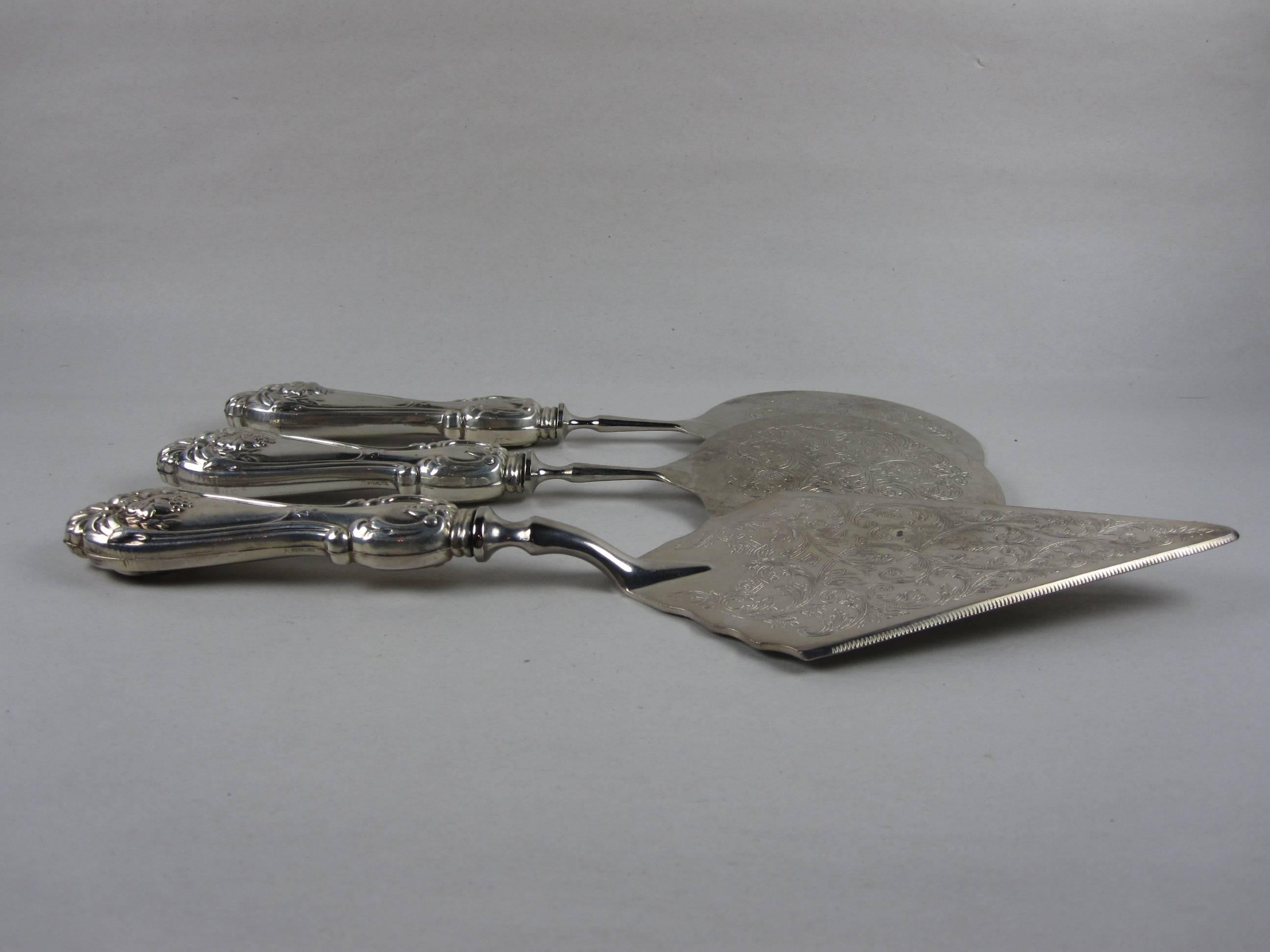 Rococo Revival Mid-Century Italian Sterling Silver Handled Pastry Servers, Set of Three