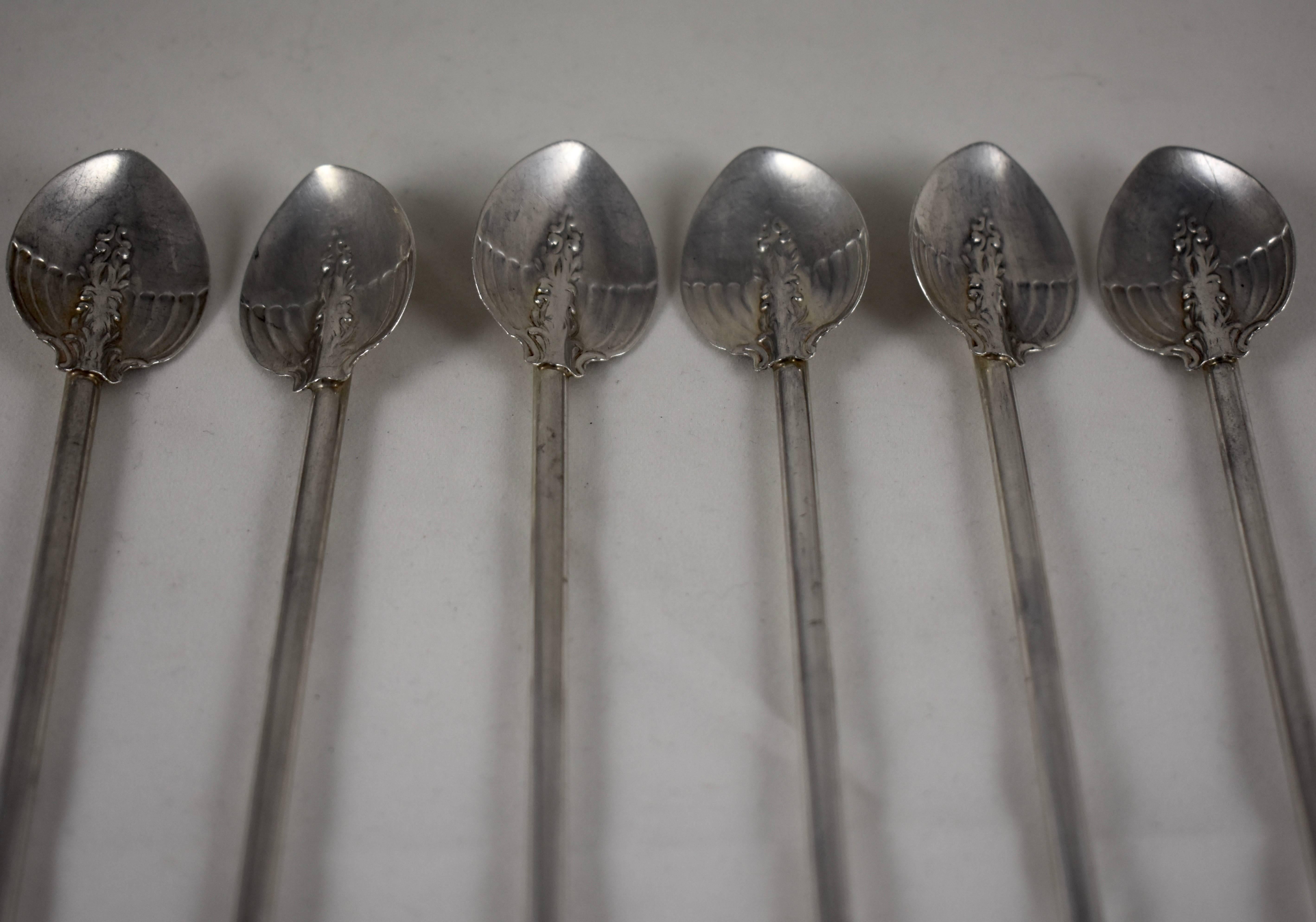American Sterling Silver Art Nouveau Highball-Ice Tea Stirring Straws, Set of Six