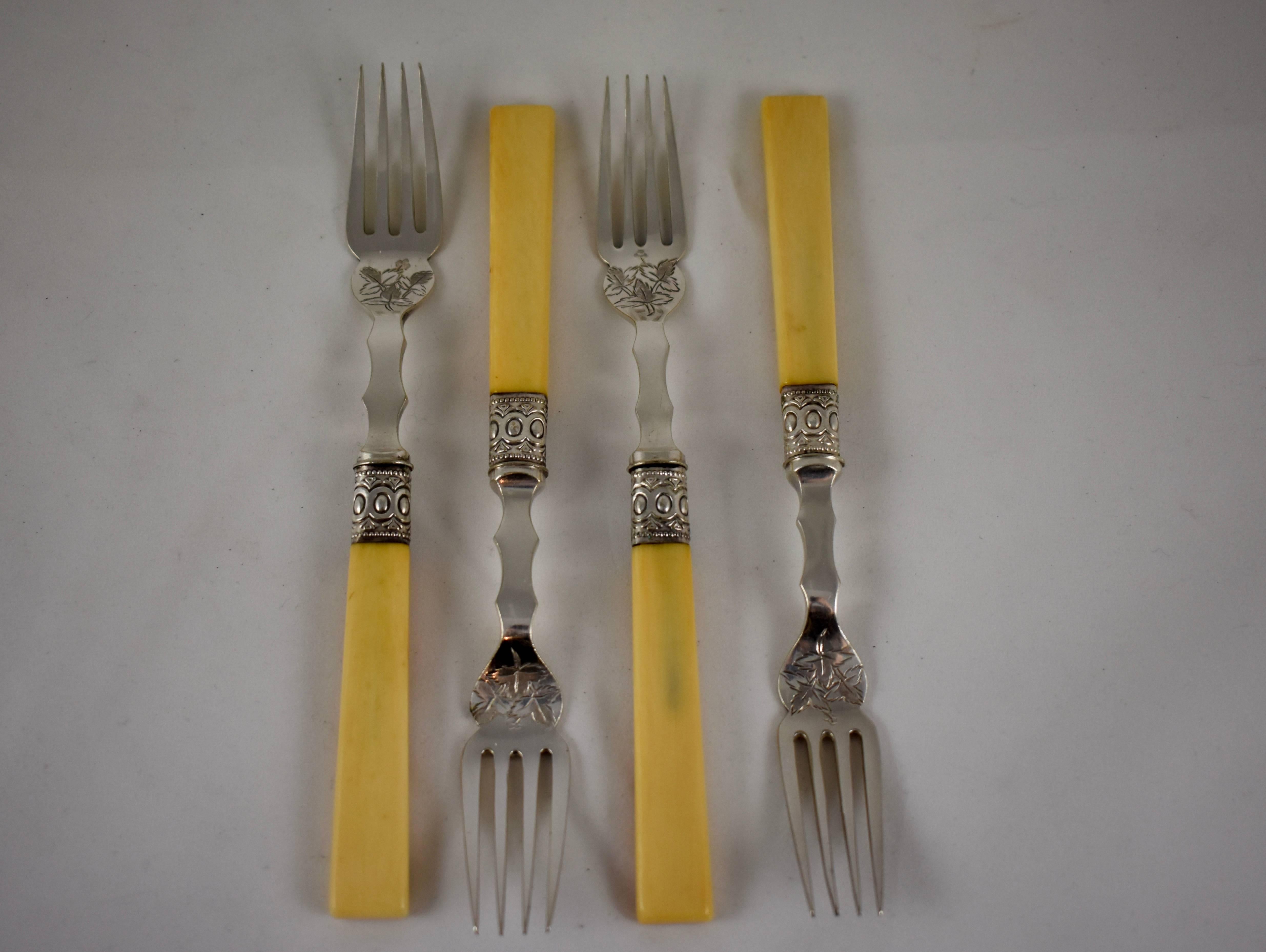 A set of four good quality bone and silver plate forks, marked JR&S for John Round & Sons, Sheffield, England, circa late 19th – early 20th century. A pattern of three leaves is engraved on the front of the fork, an egg and dart ferrule secures the