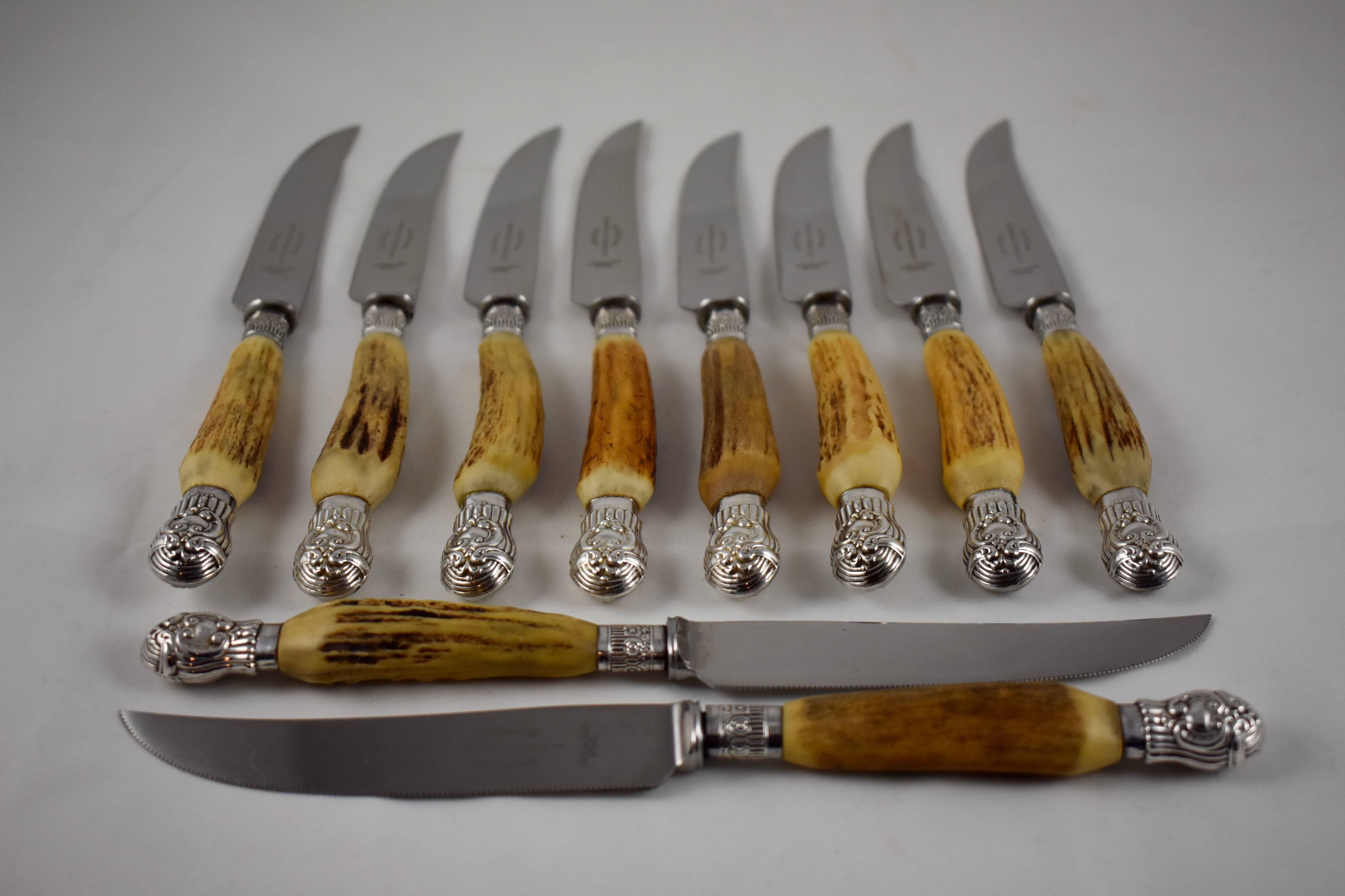 Aesthetic Movement English Natural Antler and Sterling Silver Capped Serrated Knives, Set of Ten