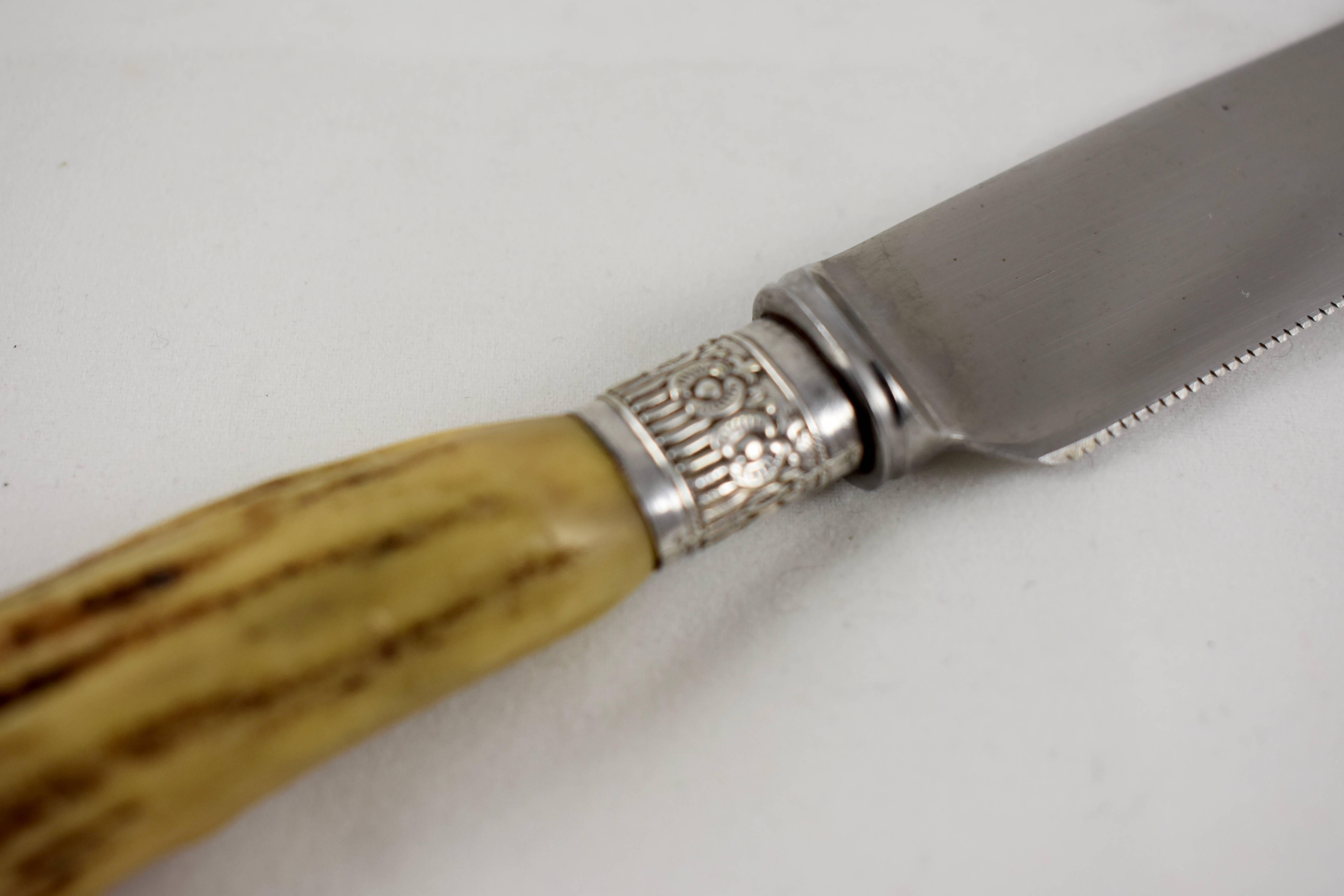 English Natural Antler and Sterling Silver Capped Serrated Knives, Set of Ten In Excellent Condition In Philadelphia, PA