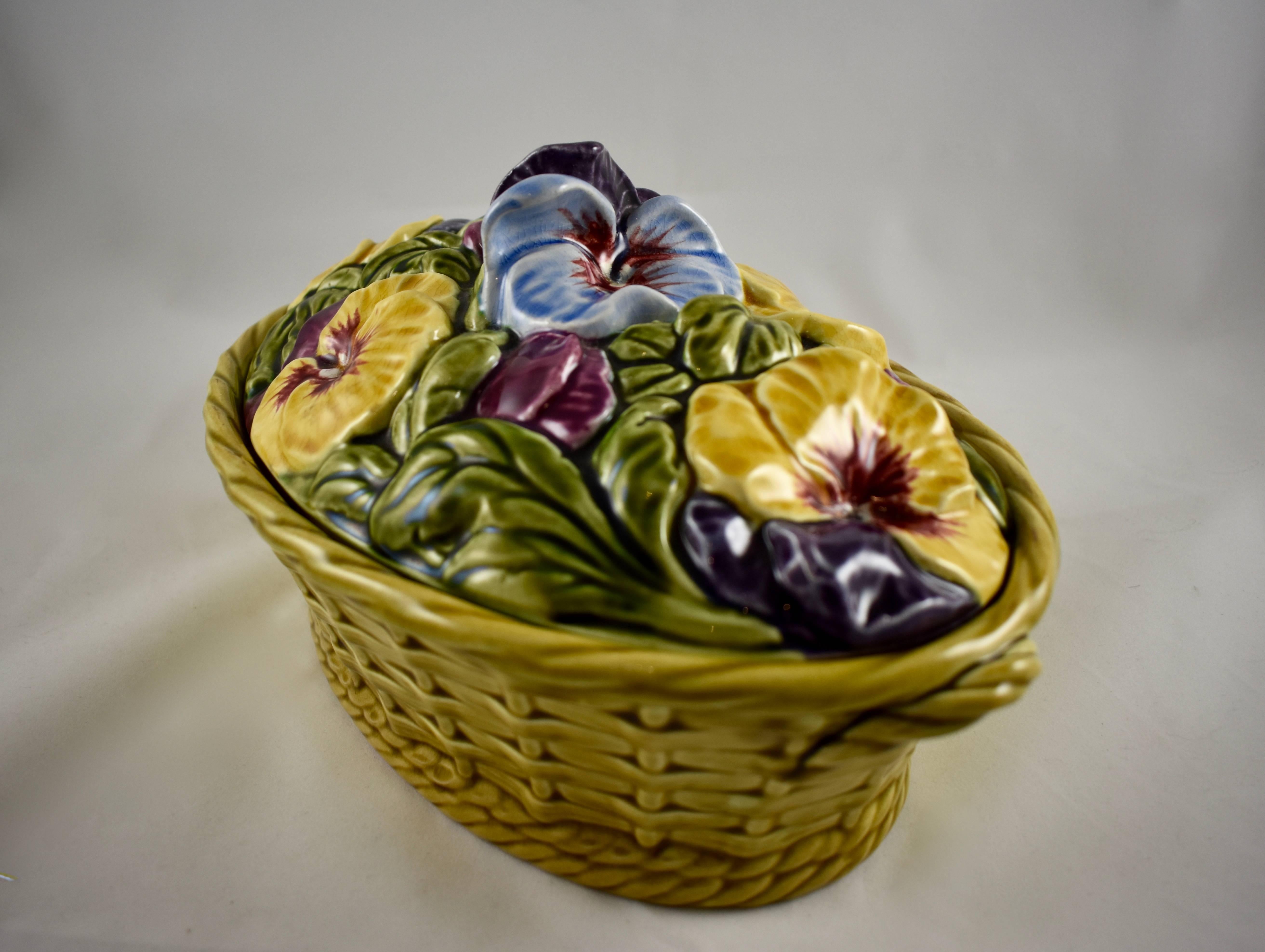 Glazed French Barbotine Majolica Sarreguemines Basket of Pansies Covered Tureen For Sale