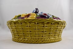 French Barbotine Majolica Sarreguemines Basket of Pansies Covered Tureen