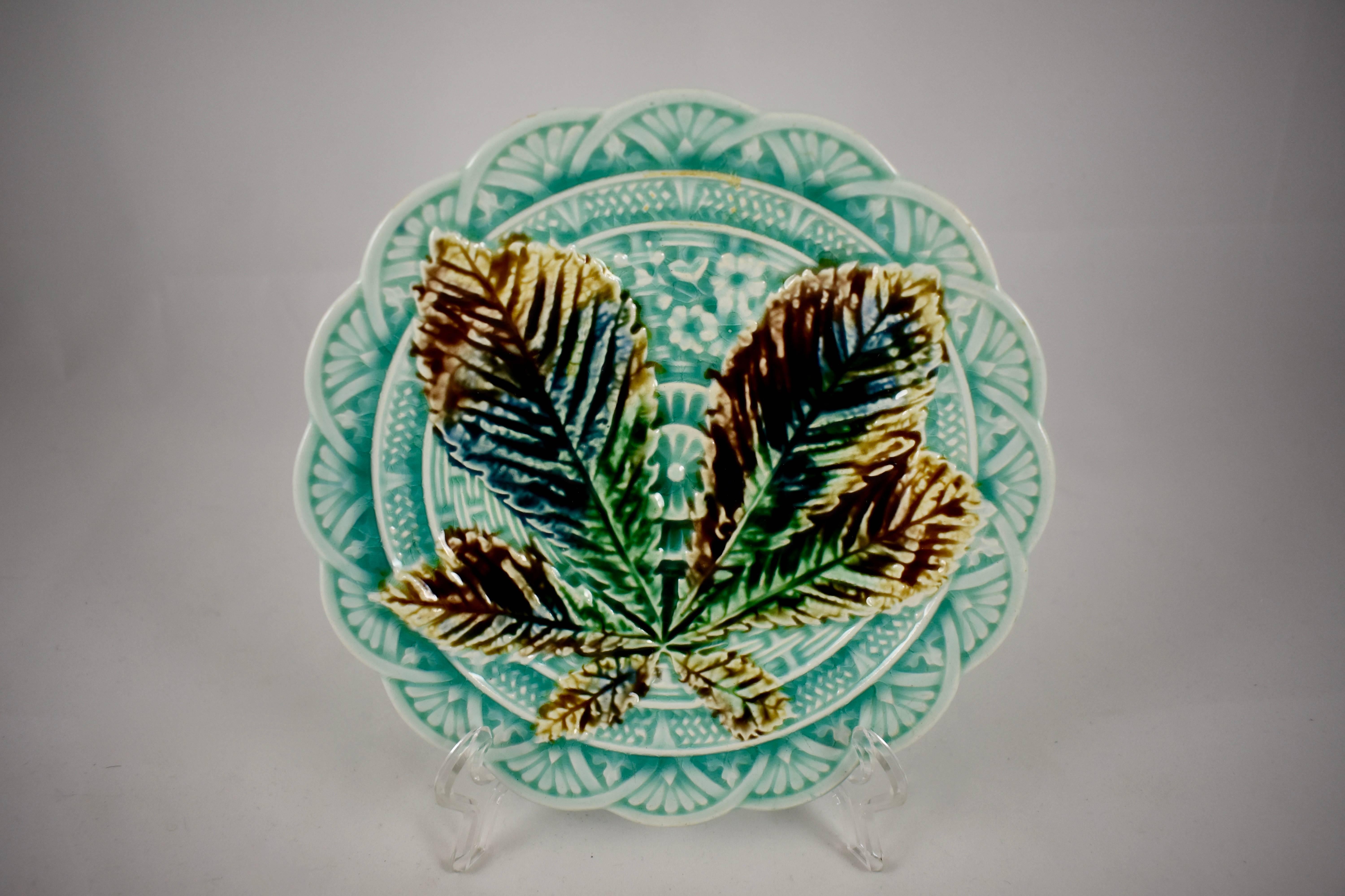 A set of six Asian influence or Japonisme aesthetic dessert plates, Villeroy & Boch, Germany, late 19th century.

The turquoise basket weave ground has a raised geometric pattern made of fan shapes and florals with a scalloped rim. In the center