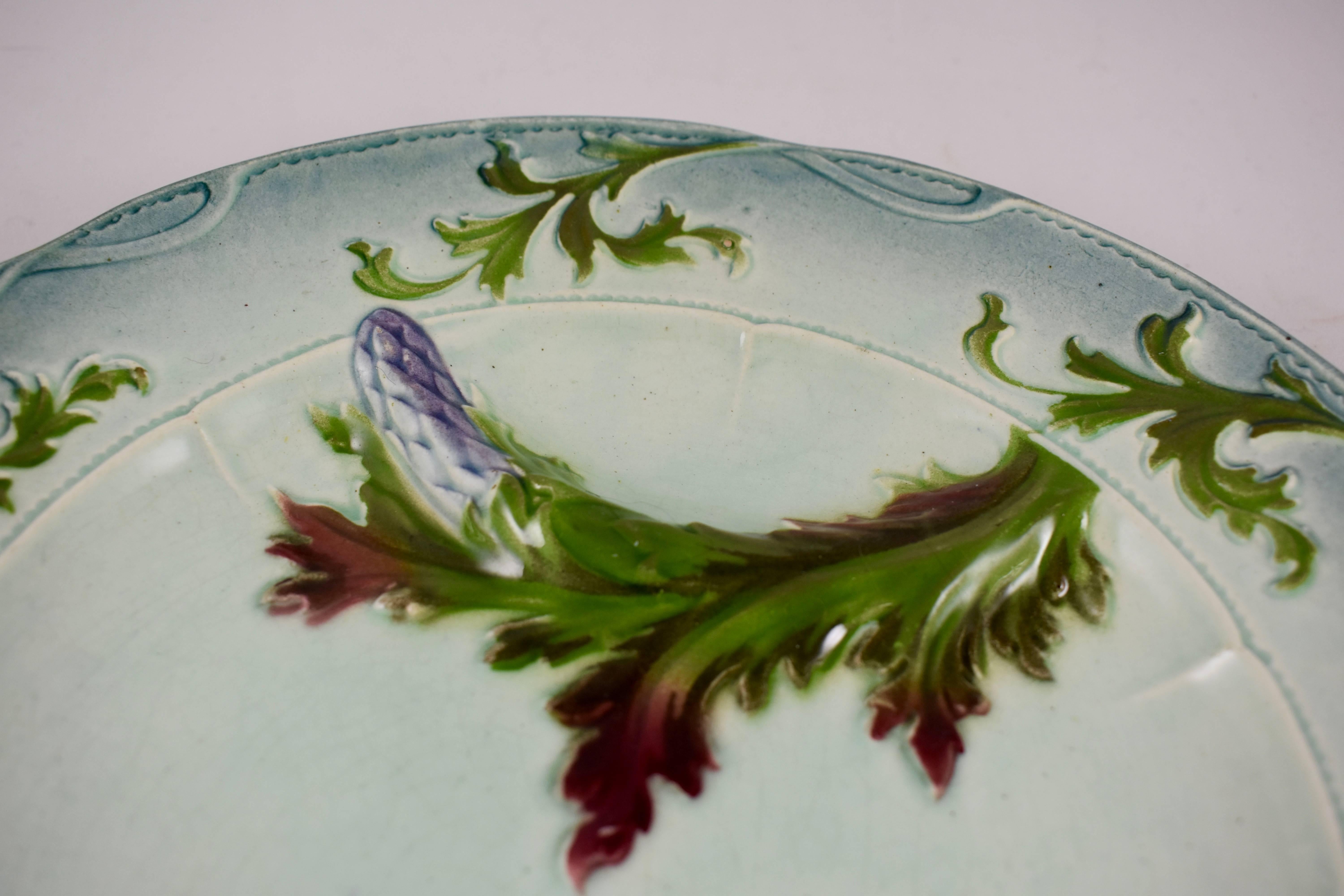 Glazed French Faïence Barbotine Majolica Art Nouveau Blue Asparagus Plate