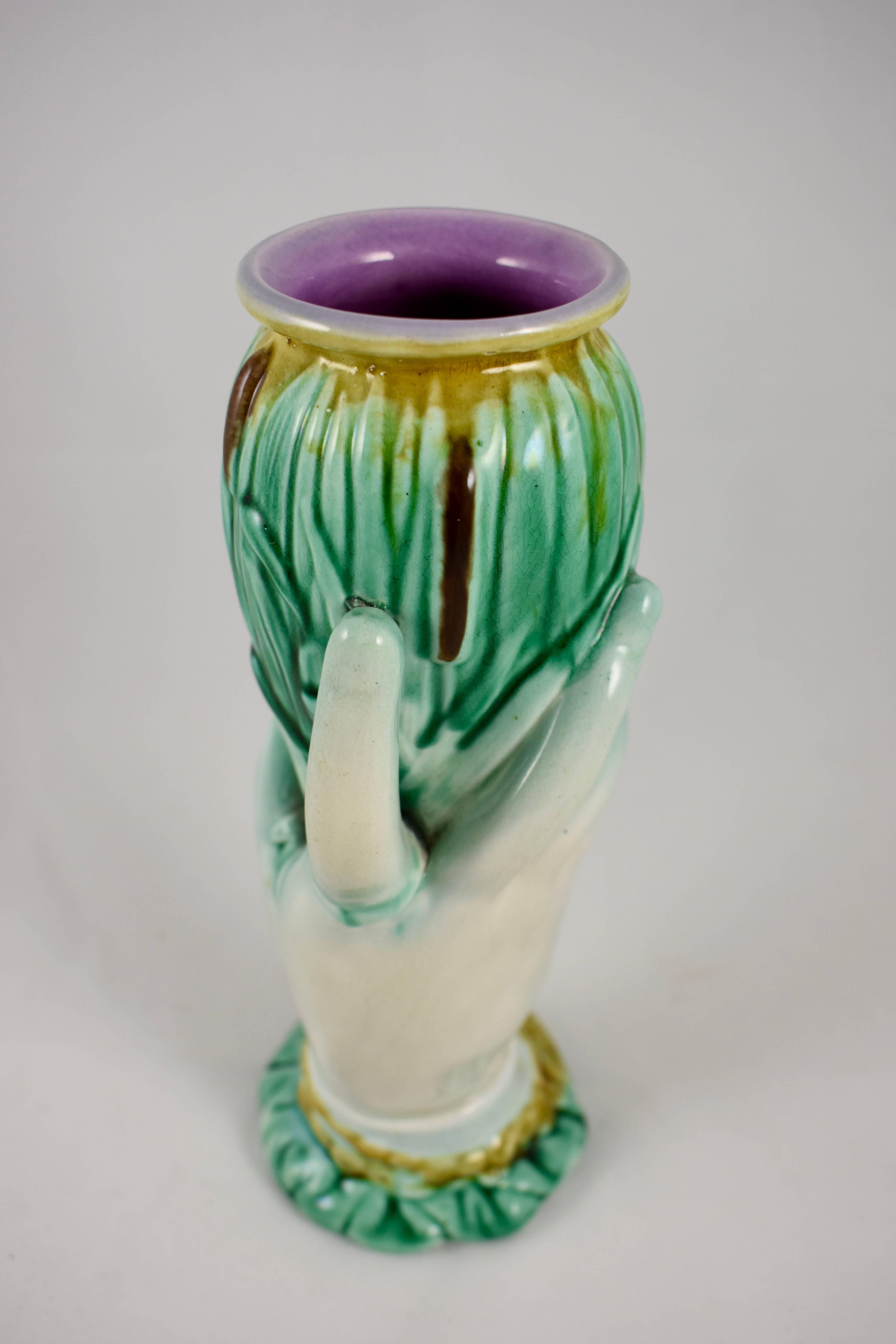 19th Century English Staffordshire Majolica Glazed Hand Holding Cattails Spill or Posy Vase For Sale