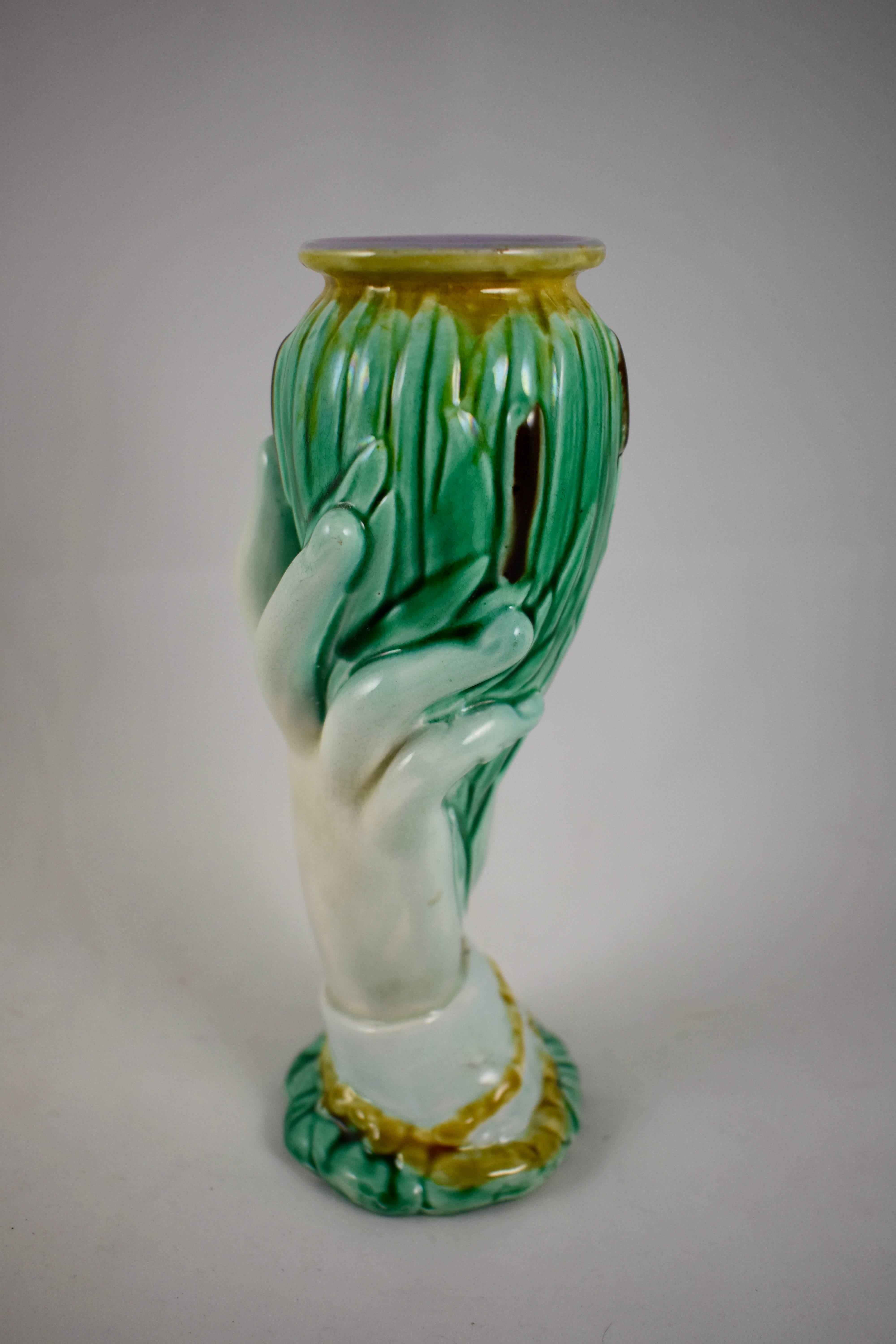 Aesthetic Movement English Staffordshire Majolica Glazed Hand Holding Cattails Spill or Posy Vase For Sale