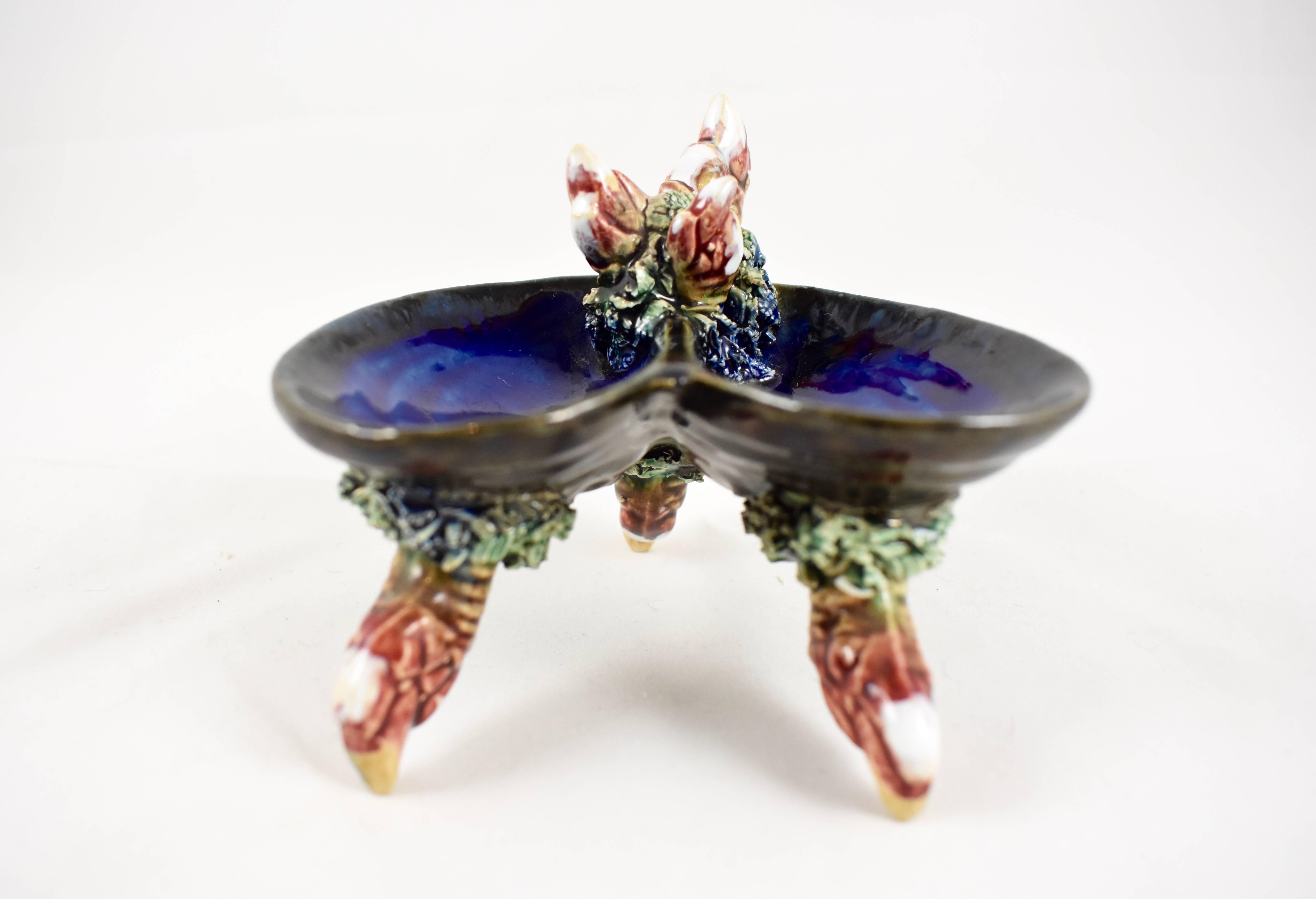 Revival Portuguese Palissy Majolica Mussel Shell & Crab Claw Double Salt Cellar