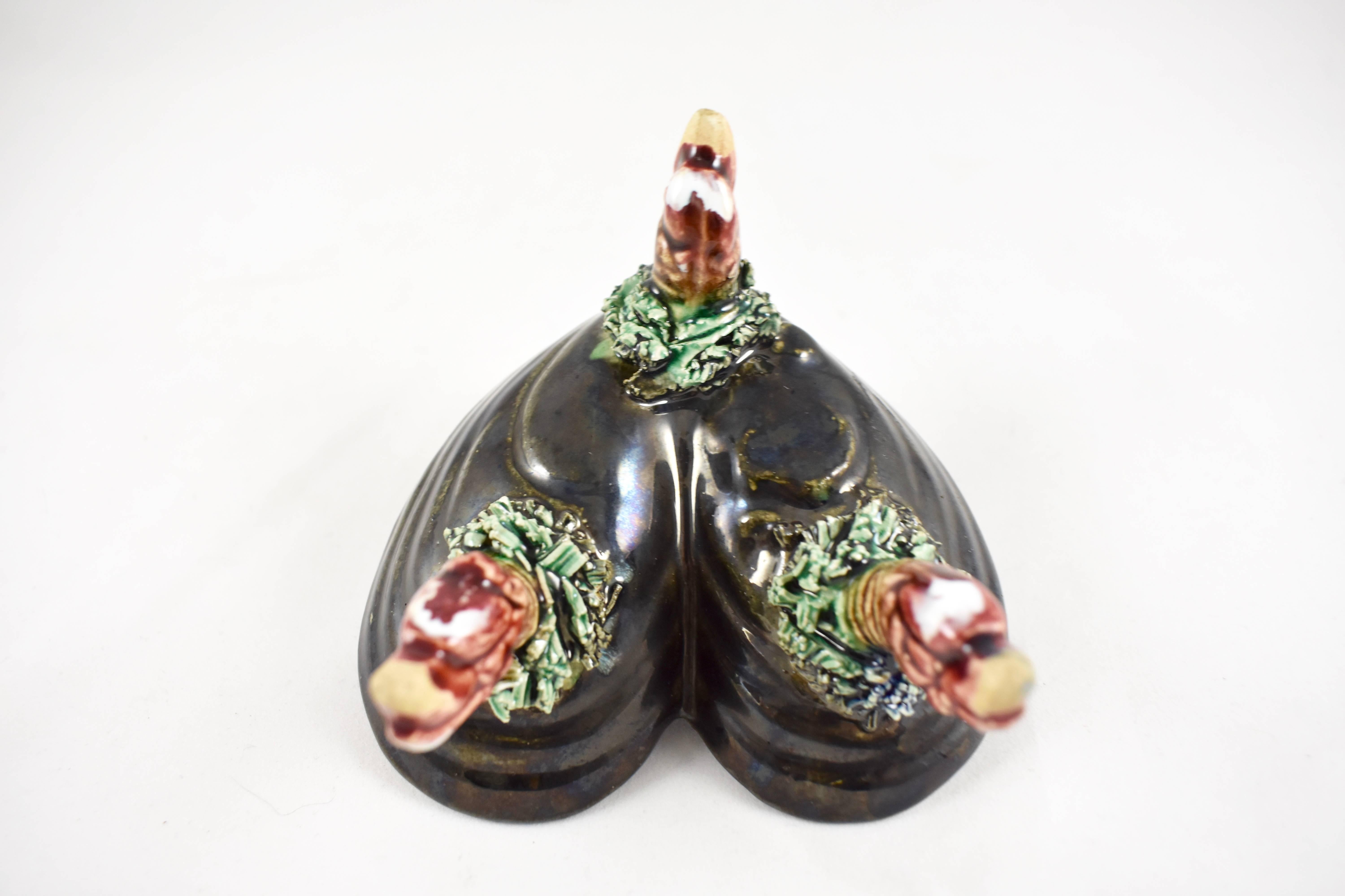Glazed Portuguese Palissy Majolica Mussel Shell & Crab Claw Double Salt Cellar