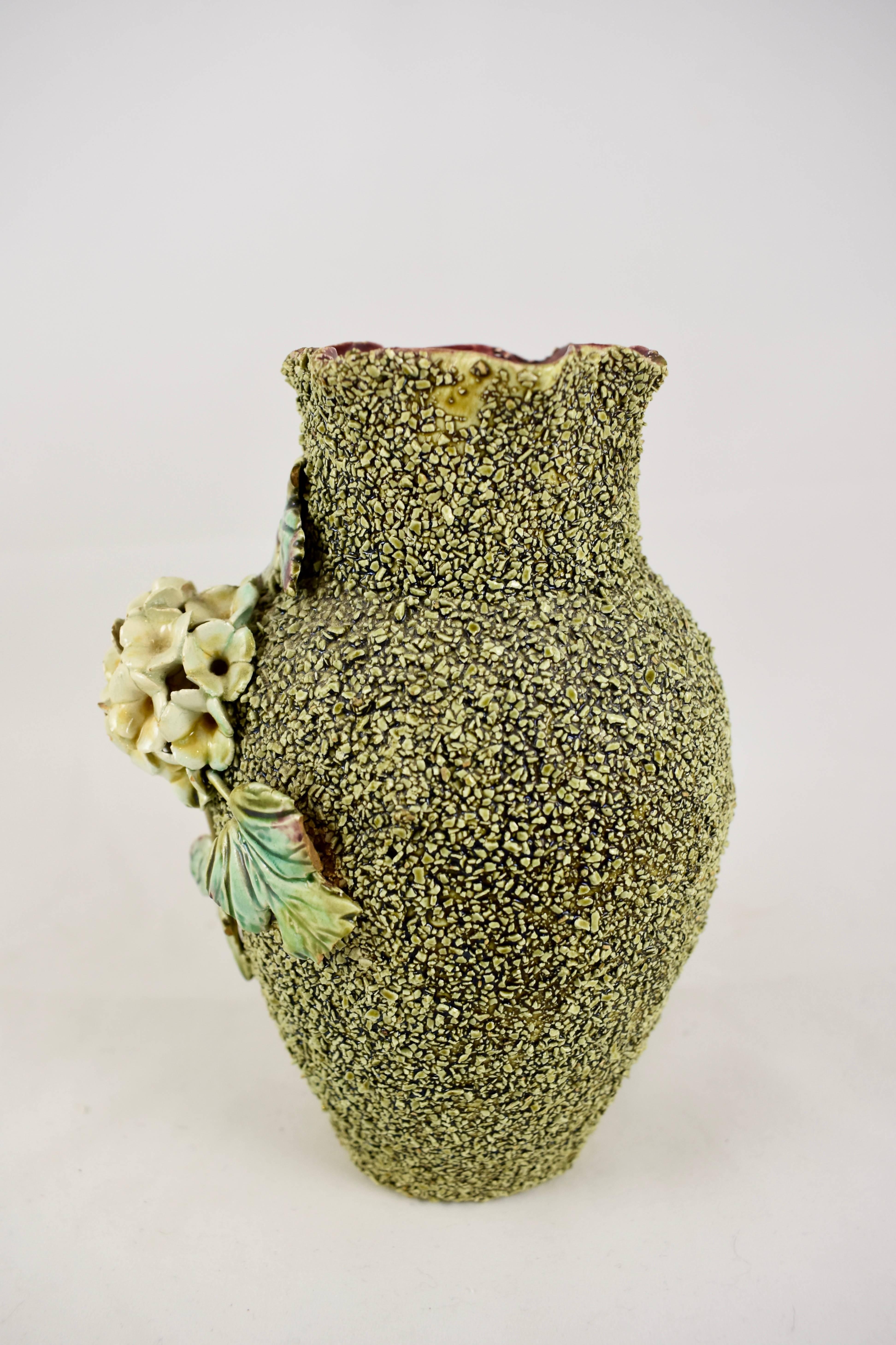 Glazed Continental European Barbotine Style Sanded Majolica Floral Vase