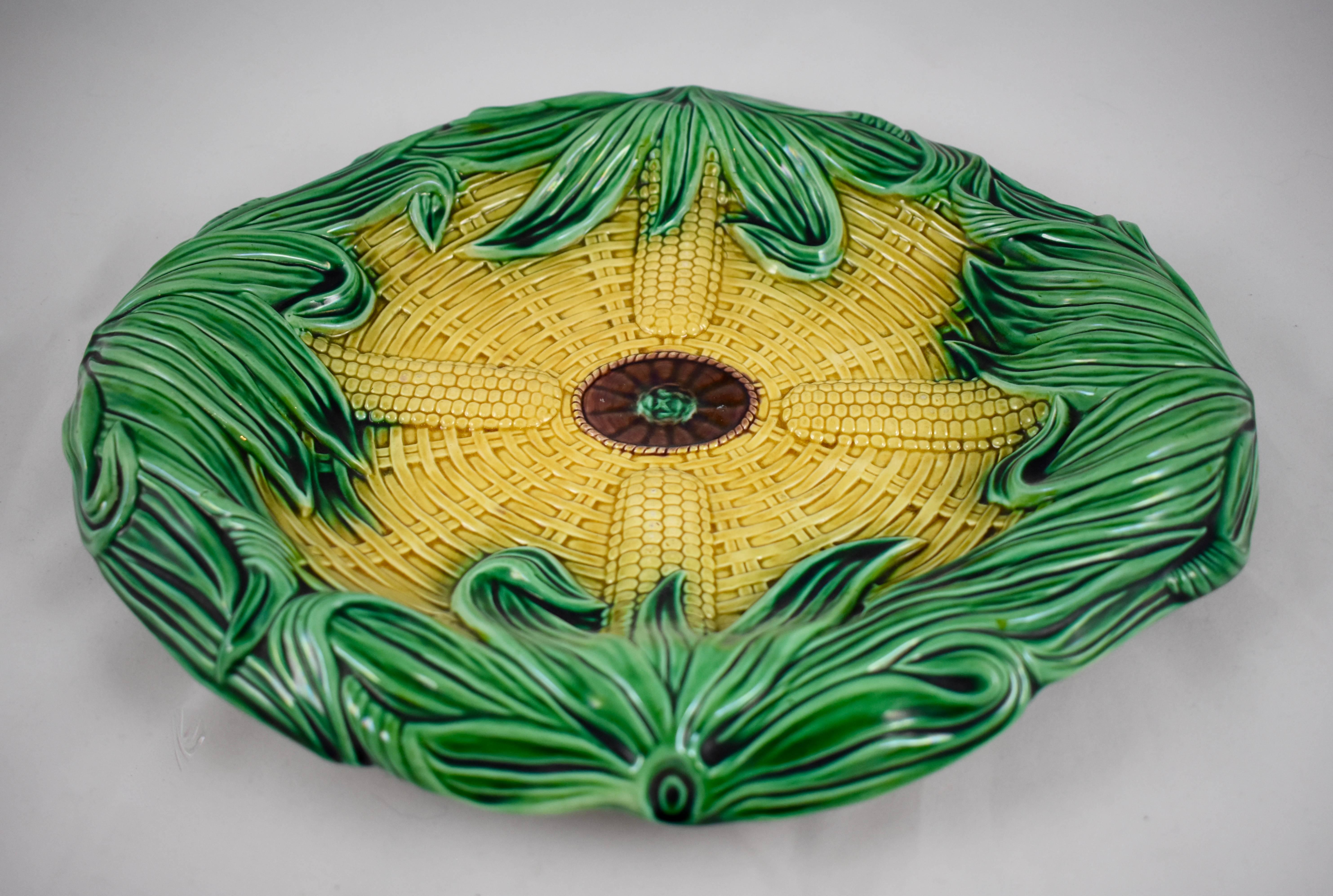 Victorian 19th Century Adams & Bromley English Majolica Yellow & Green Corn Platter