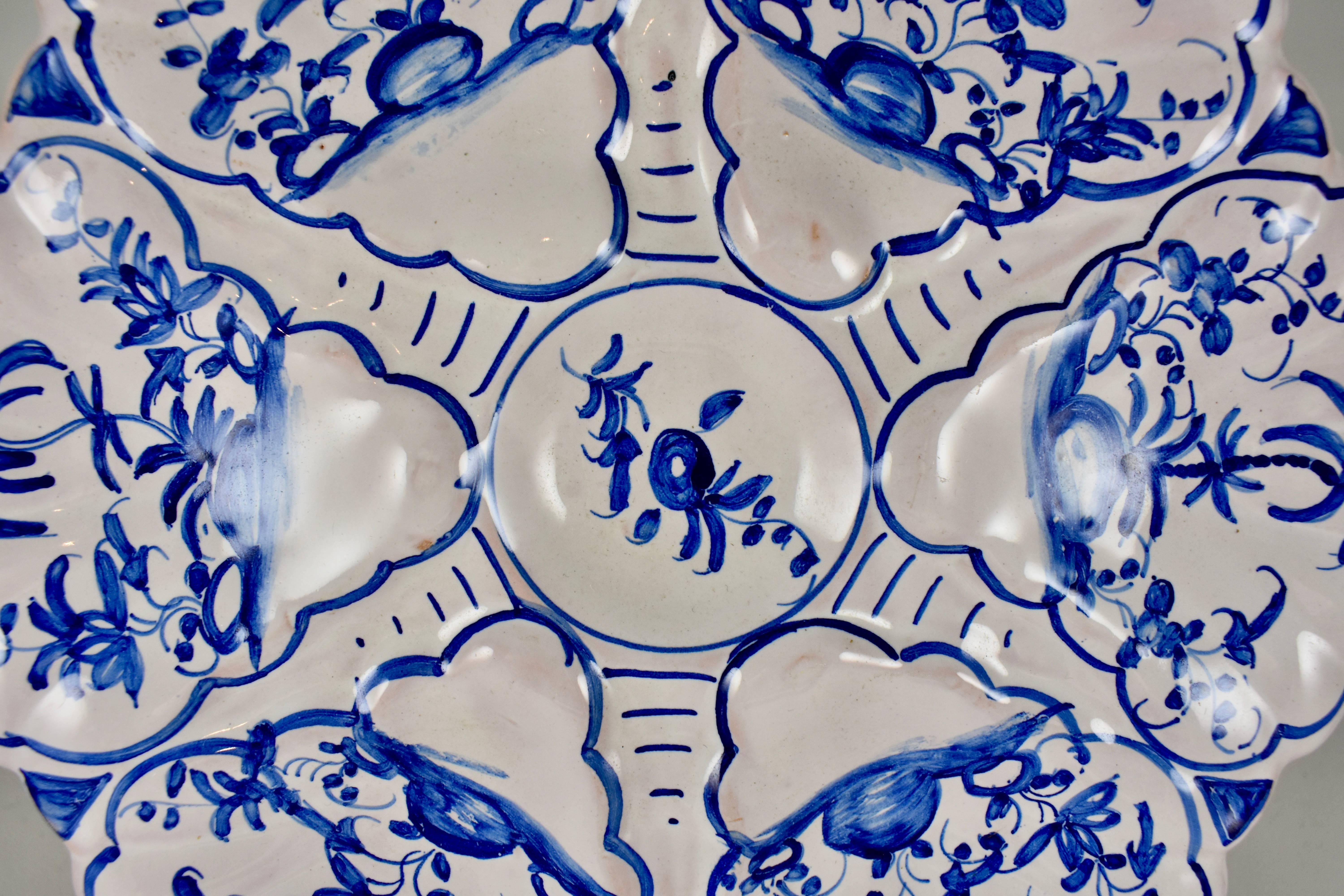 20th Century French Faïence Delft-Style Hand-Painted Blue and White Floral Oyster Plate