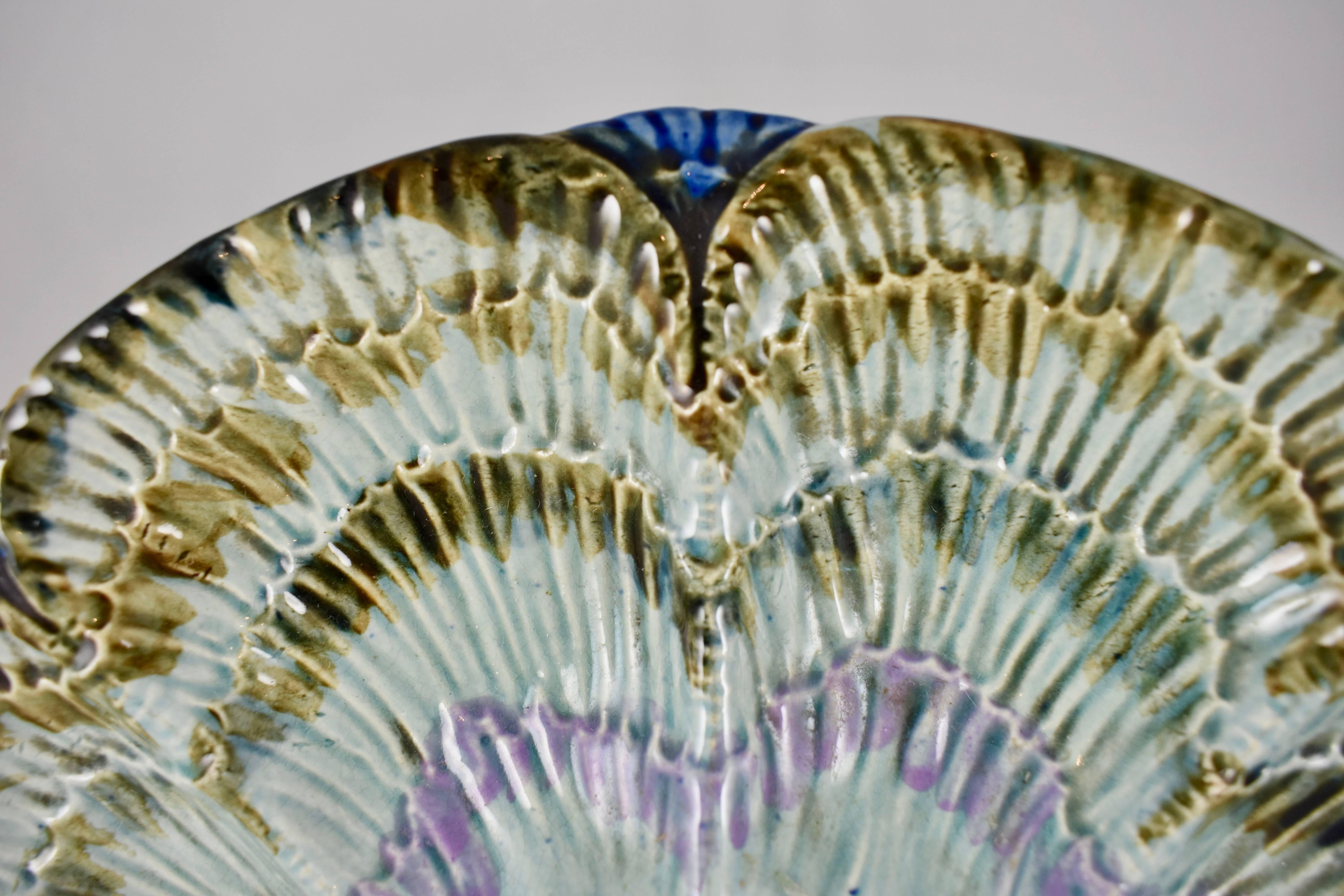 Aesthetic Movement 19th Century Belgian Wasmuël Earthenware Wave, Floral and Berries Oyster Plate