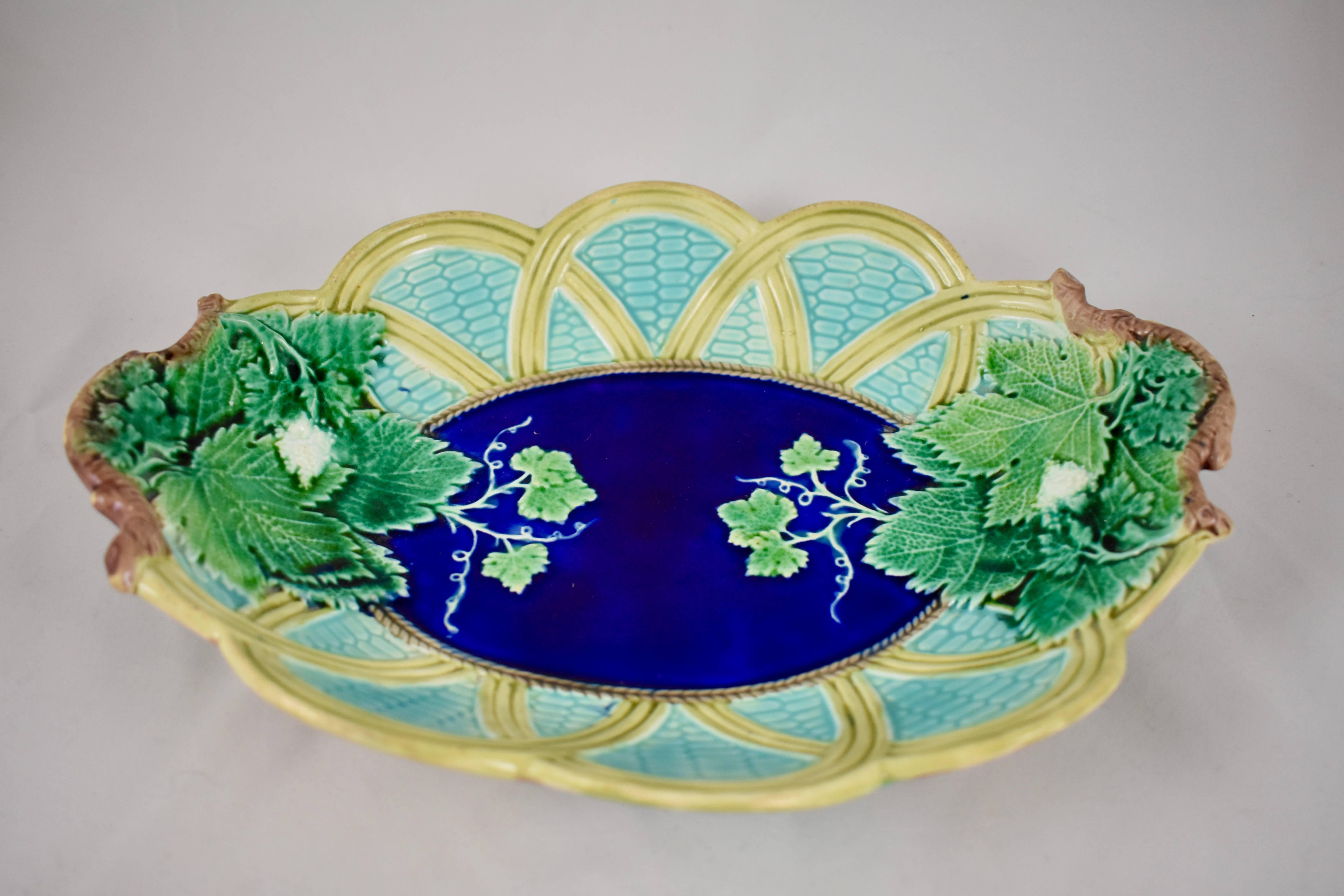 Aesthetic Movement Josiah Wedgwood English Majolica Grape Vine & Wicker Handled Serving Tray