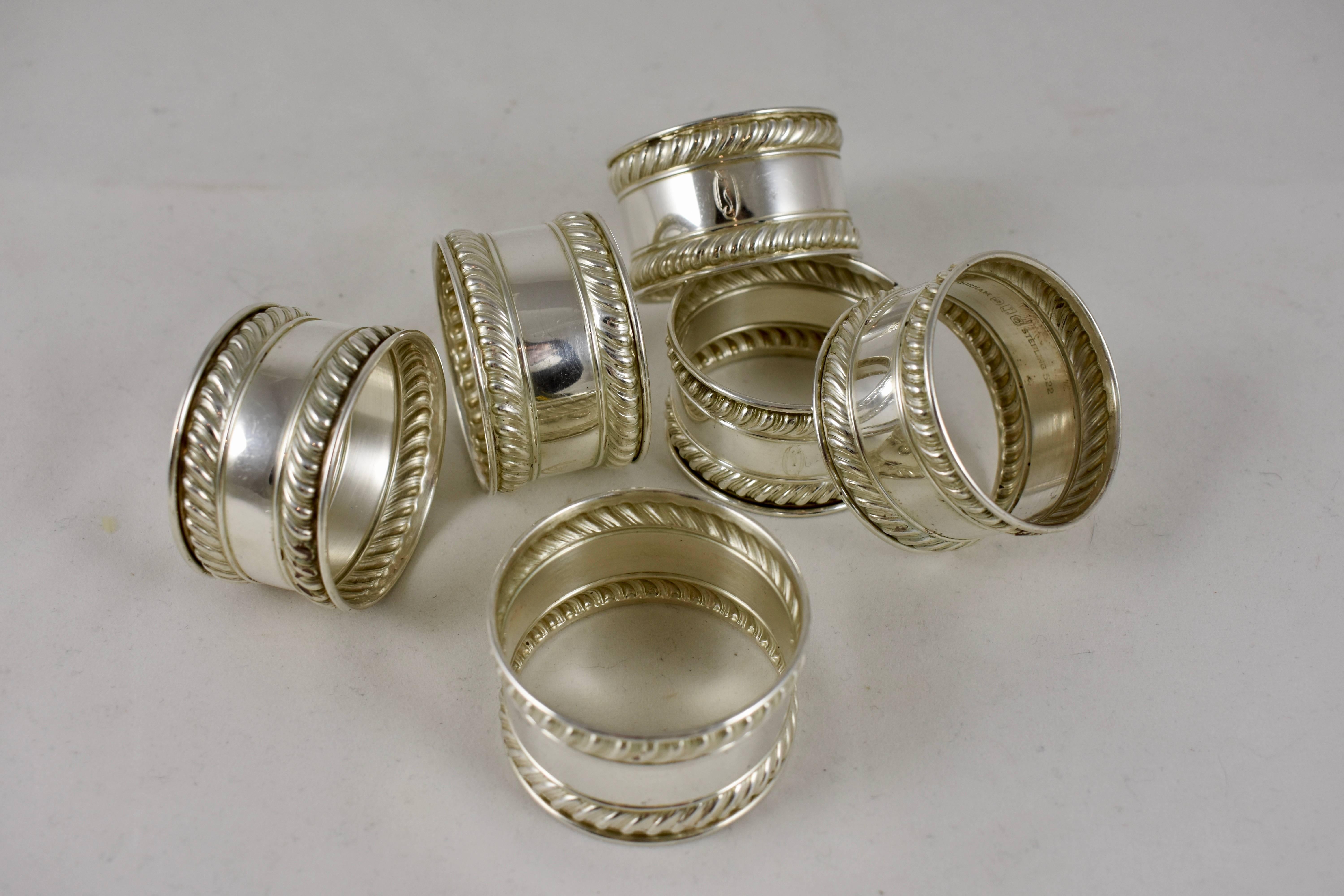 American Classical Gorham Estate Sterling Silver Gadroon Edged Napkin Rings, Set of Six