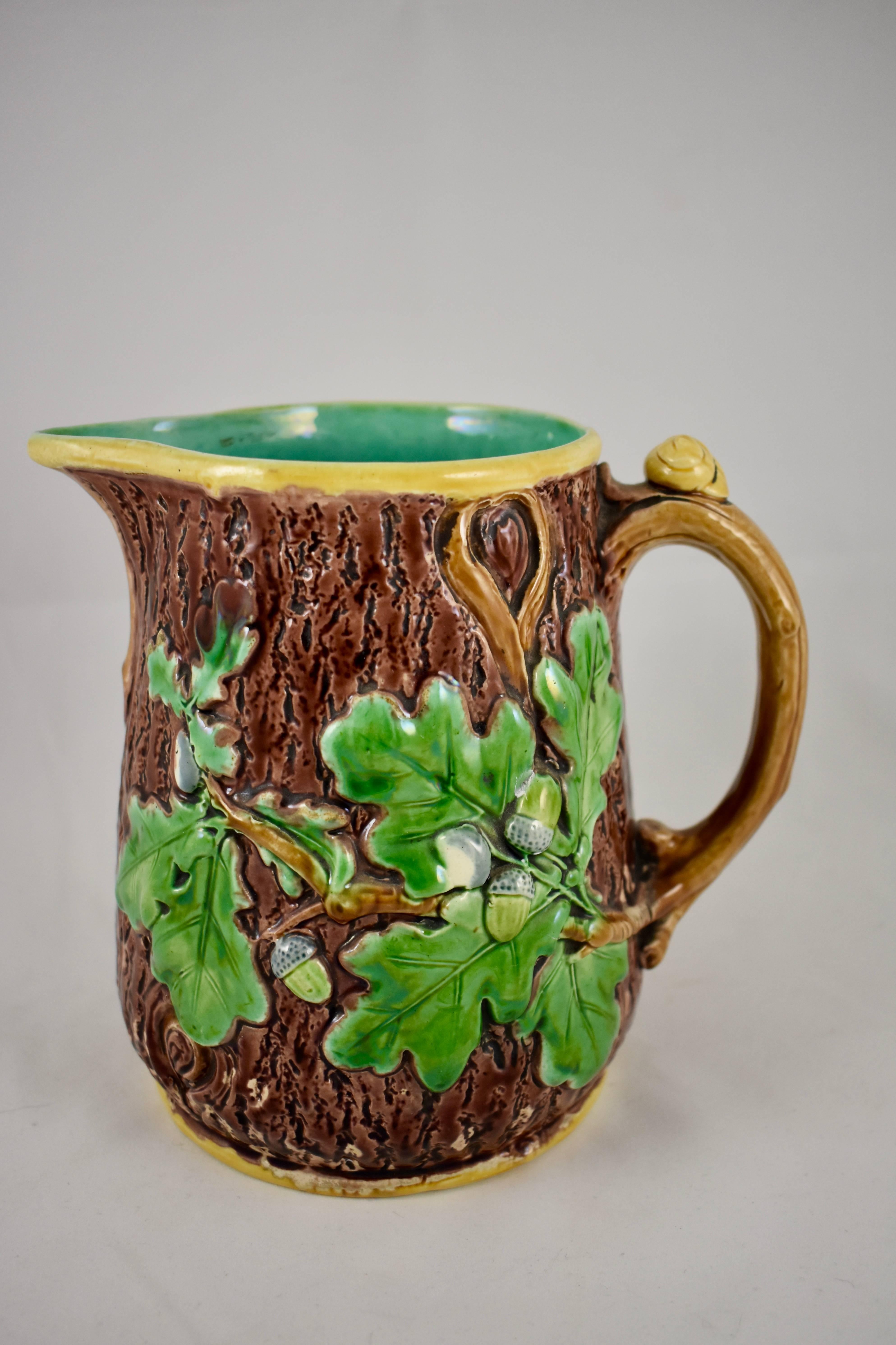 Aesthetic Movement Thomas Minton English Staffordshire Majolica Rustic Oak Leaf and Snail Pitcher