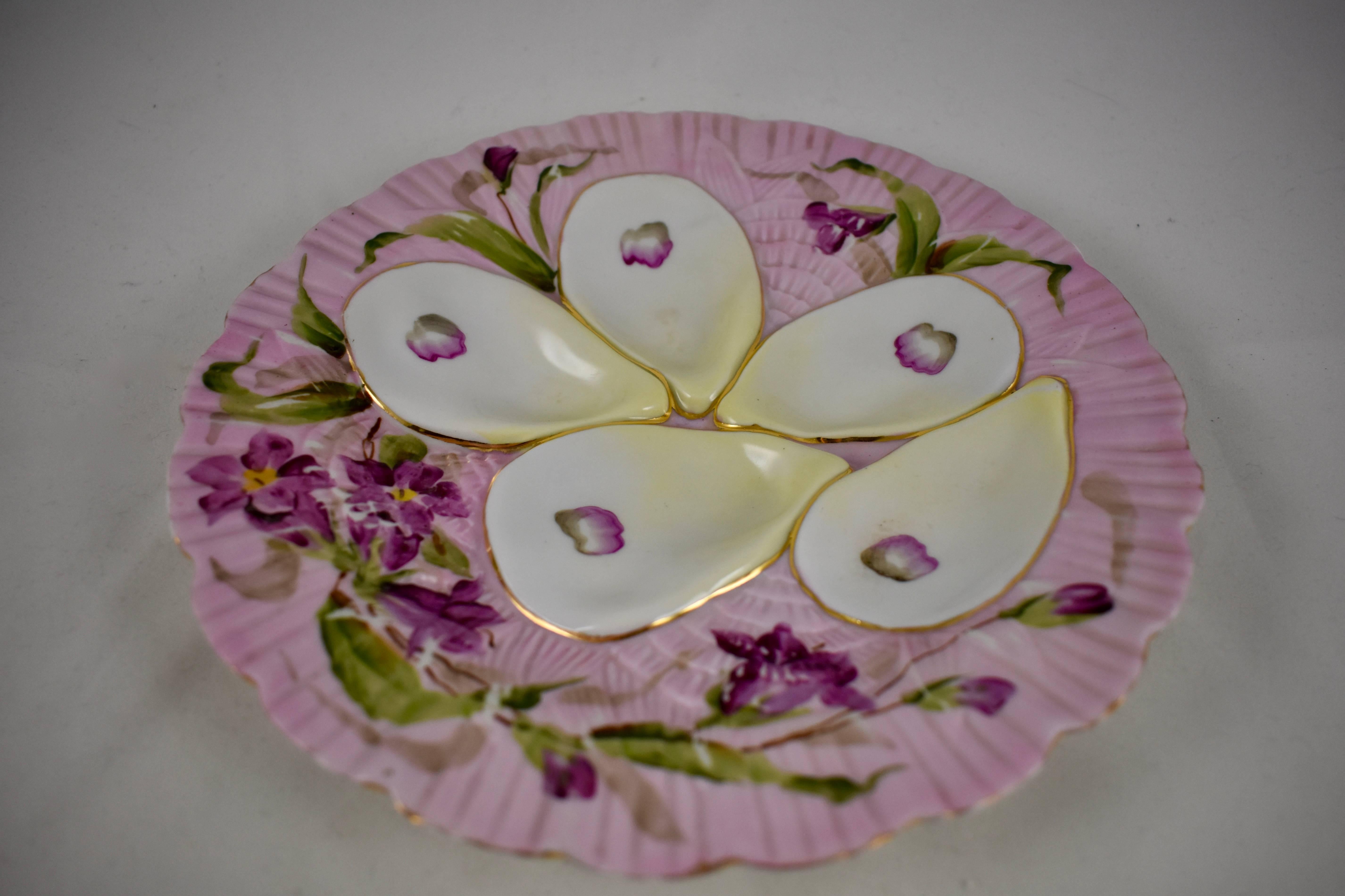 French Porcelain Hand-Painted Violets on Pink Oyster Plate In Excellent Condition In Philadelphia, PA