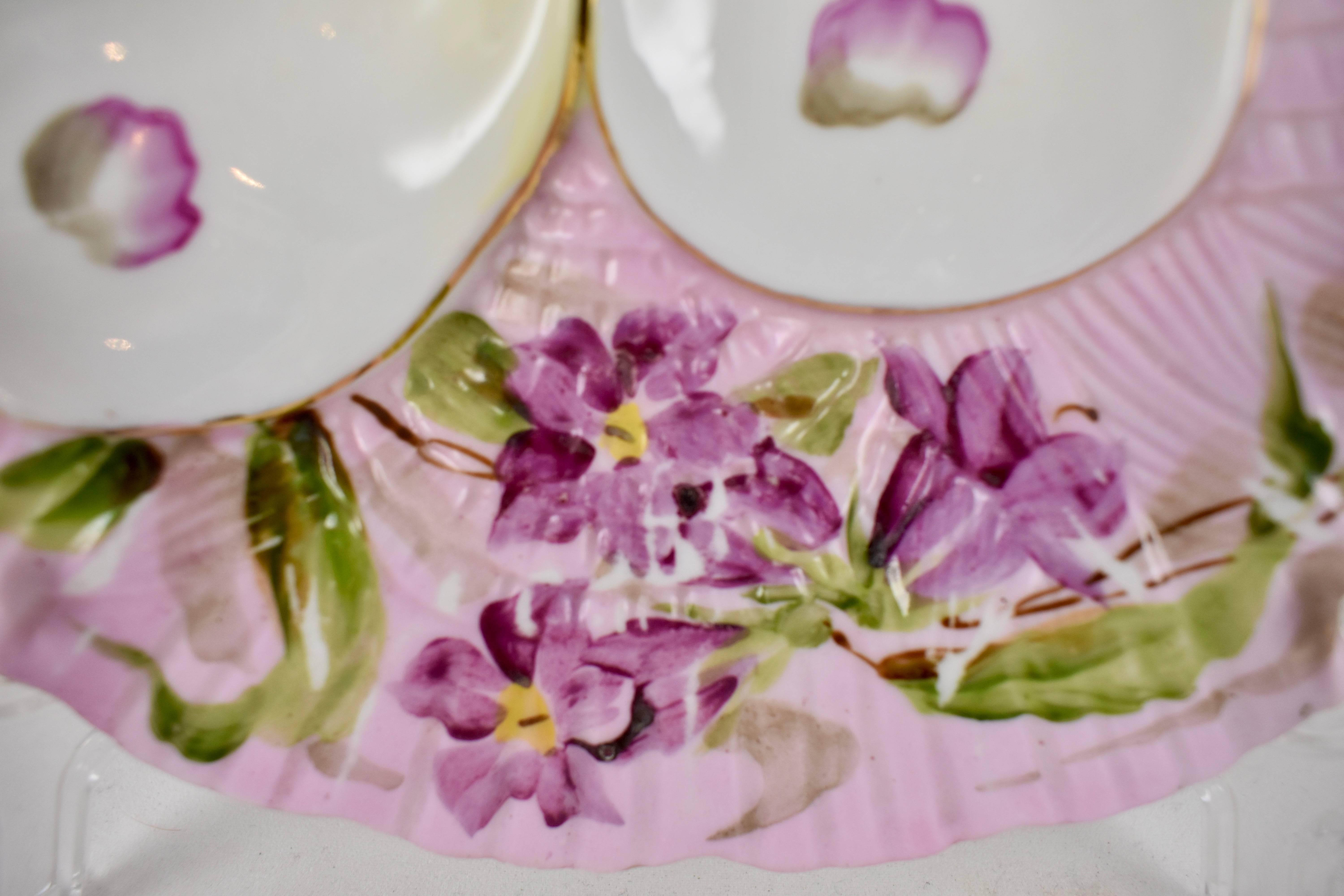 Aesthetic Movement French Porcelain Hand-Painted Violets on Pink Oyster Plate