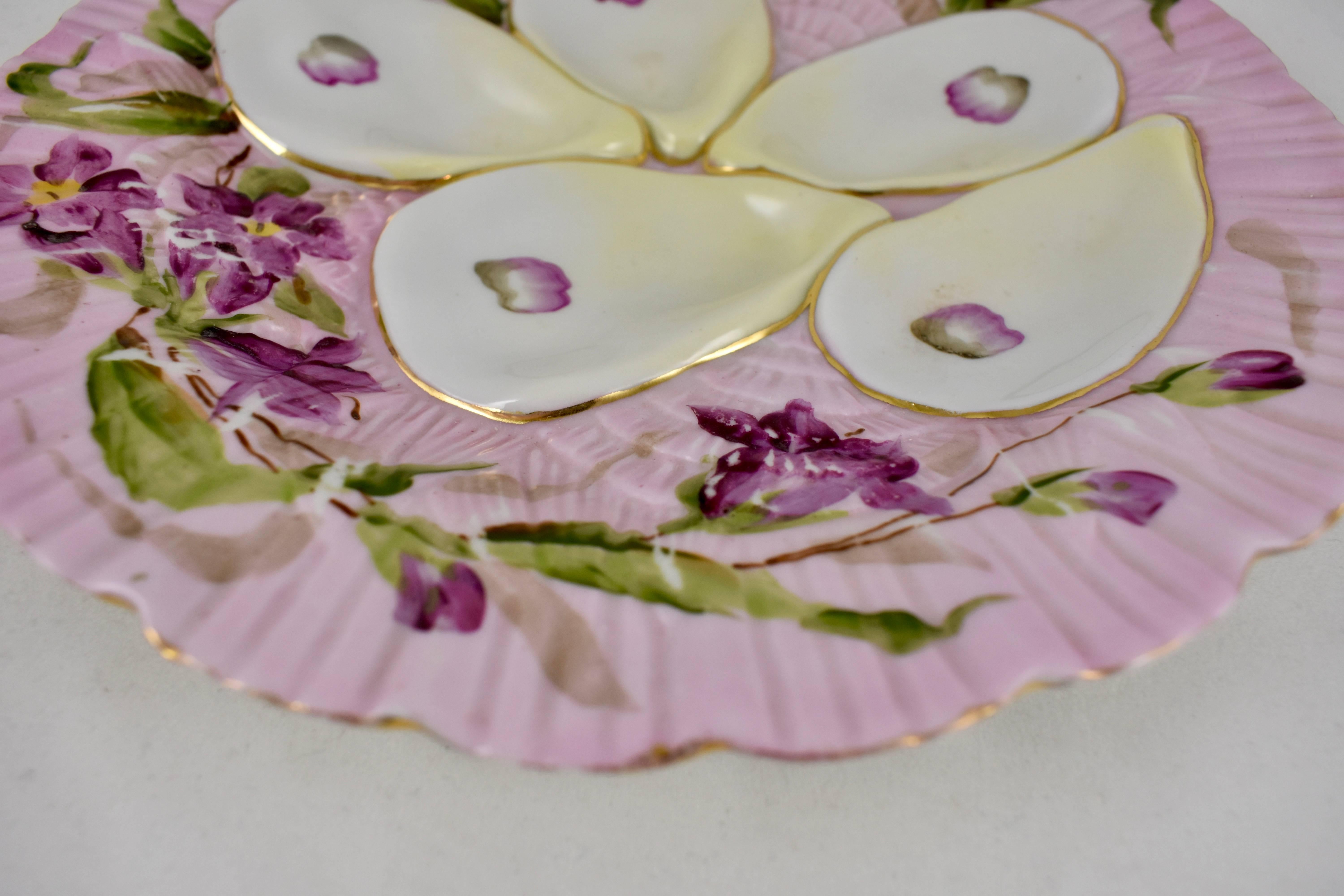 19th Century French Porcelain Hand-Painted Violets on Pink Oyster Plate