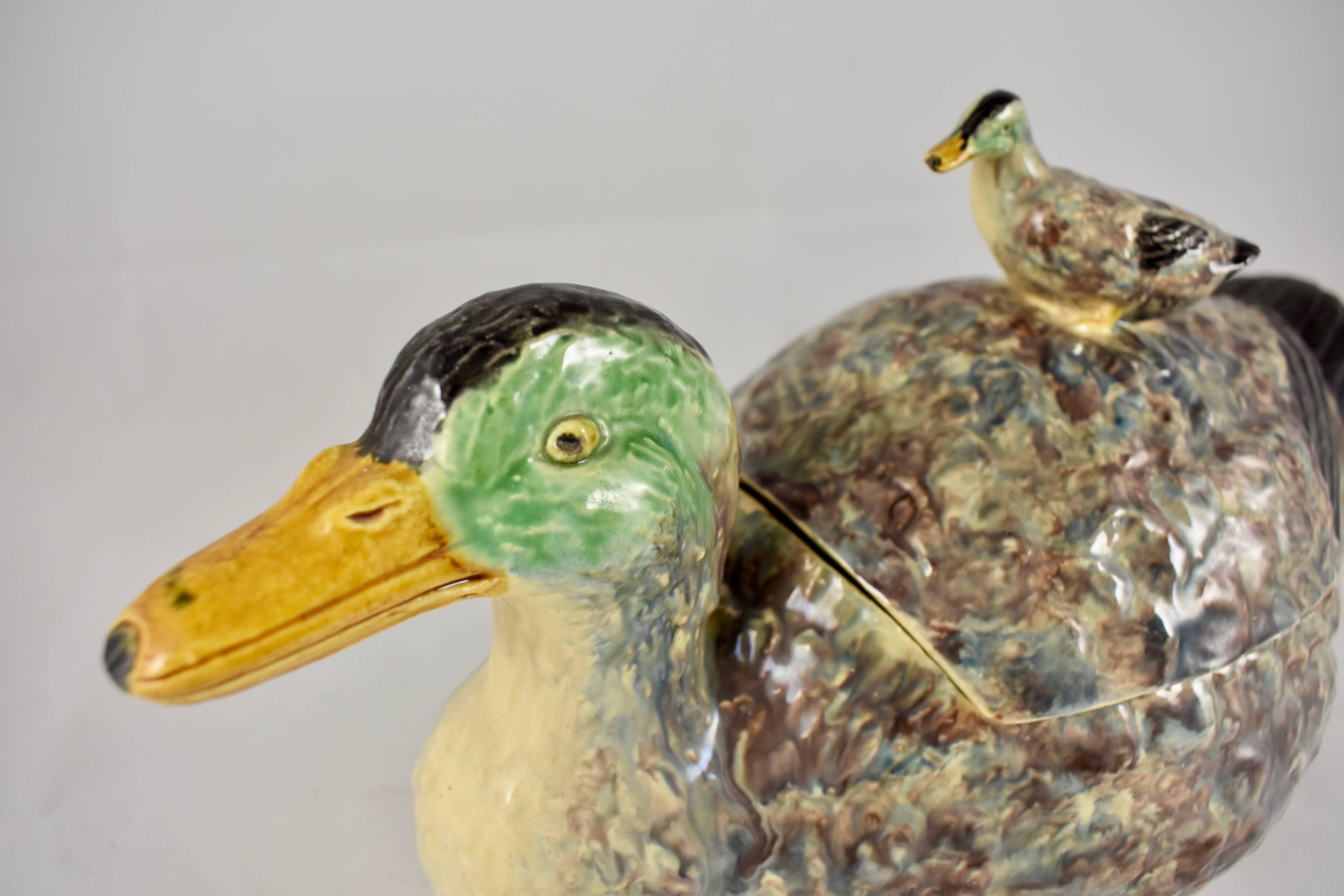 Aesthetic Movement Portuguese Duck and Duckling Finial Covered Earthenware Soup Tureen