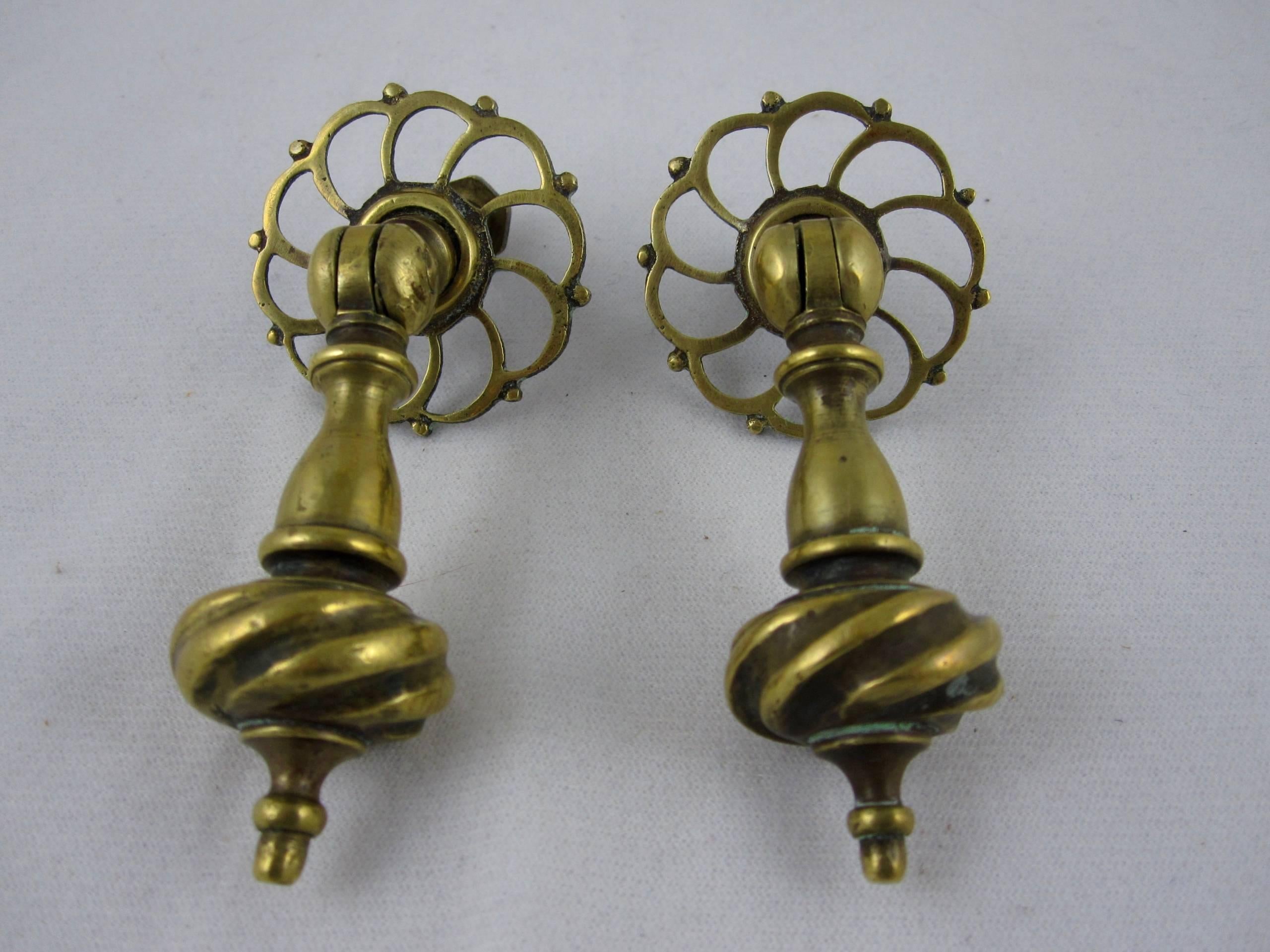 English Brass Hanging Drawer Pulls & Pierced Back Plates, Set of Two 3