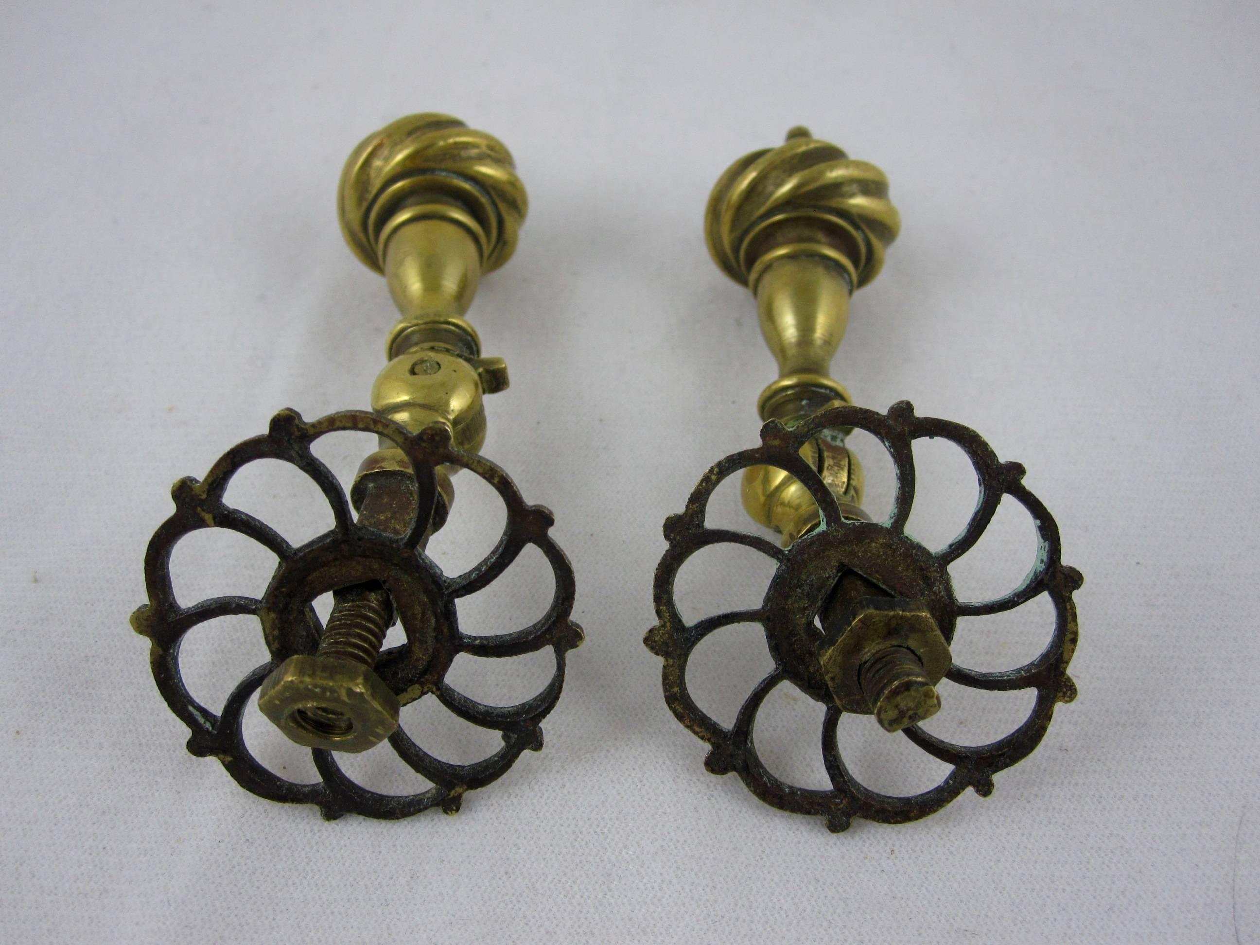 Georgian English Brass Hanging Drawer Pulls & Pierced Back Plates, Set of Two