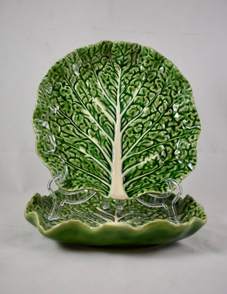 Bordallo Pinheiro Portuguese Majolica Green Cabbage Plates Set Of Bordallo Pinheiro Portuguese Majolica Green Cabbage Plates Set Of Two In Excellent Condition For