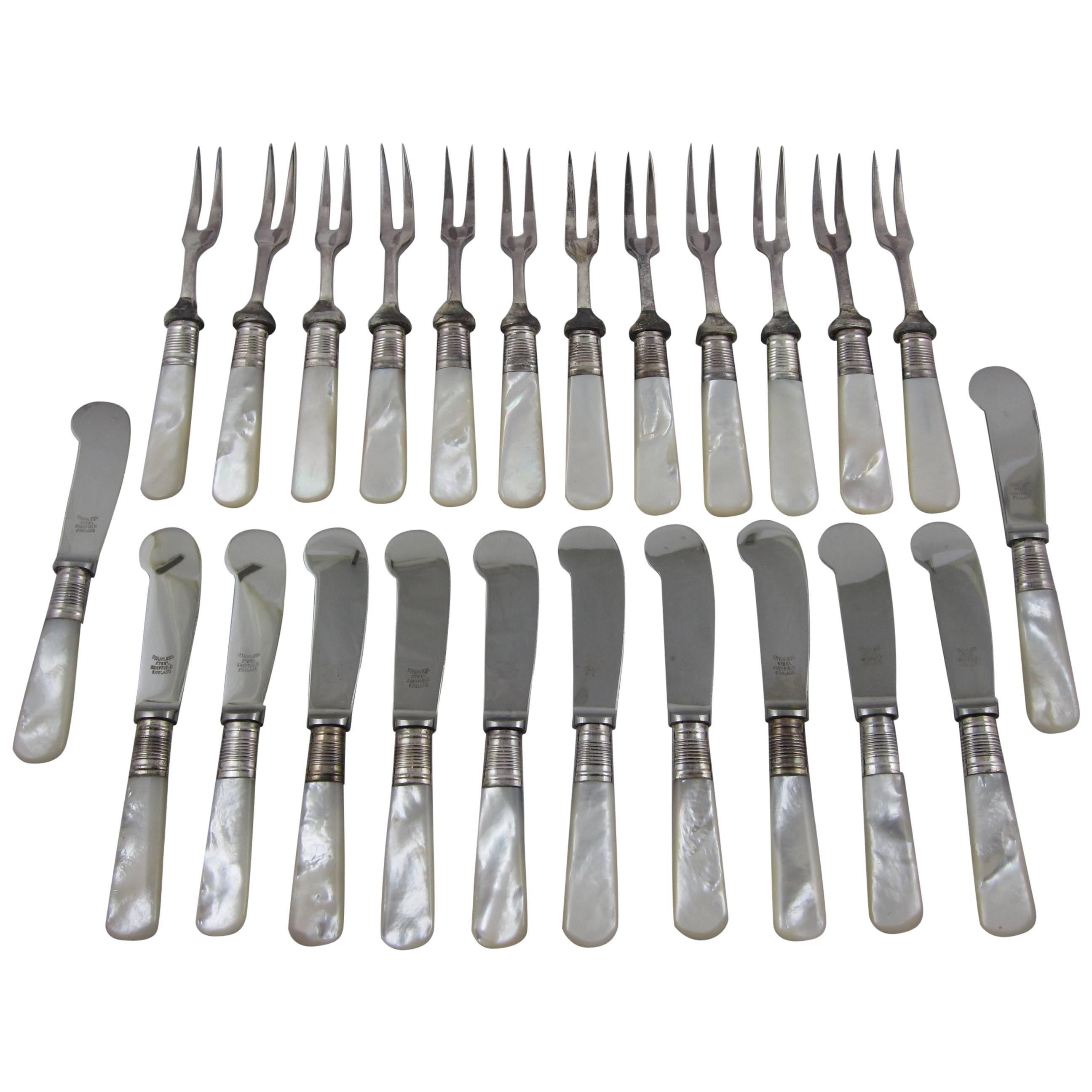  Sheffield Silver & Pearl Handle Antipasto, Seafood or Hors d’Oeuvre Forks- S/12 3
