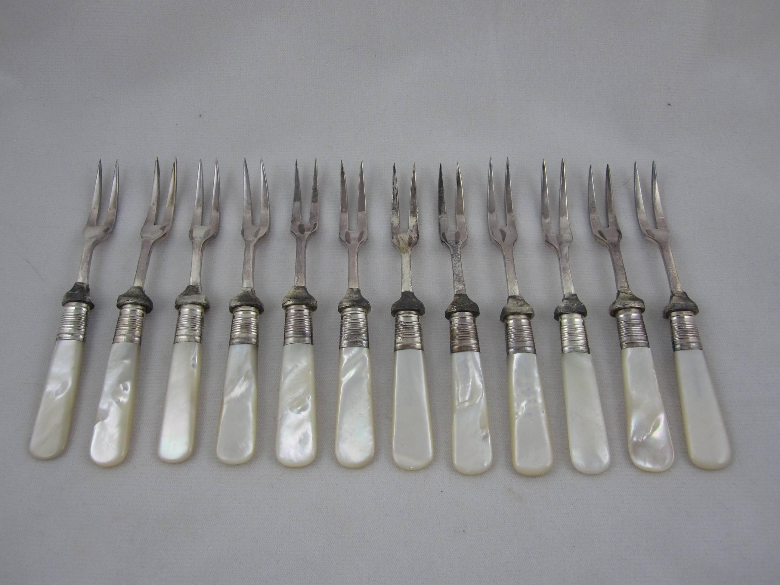 Art Deco  Sheffield Silver & Pearl Handle Antipasto, Seafood or Hors d’Oeuvre Forks- S/12