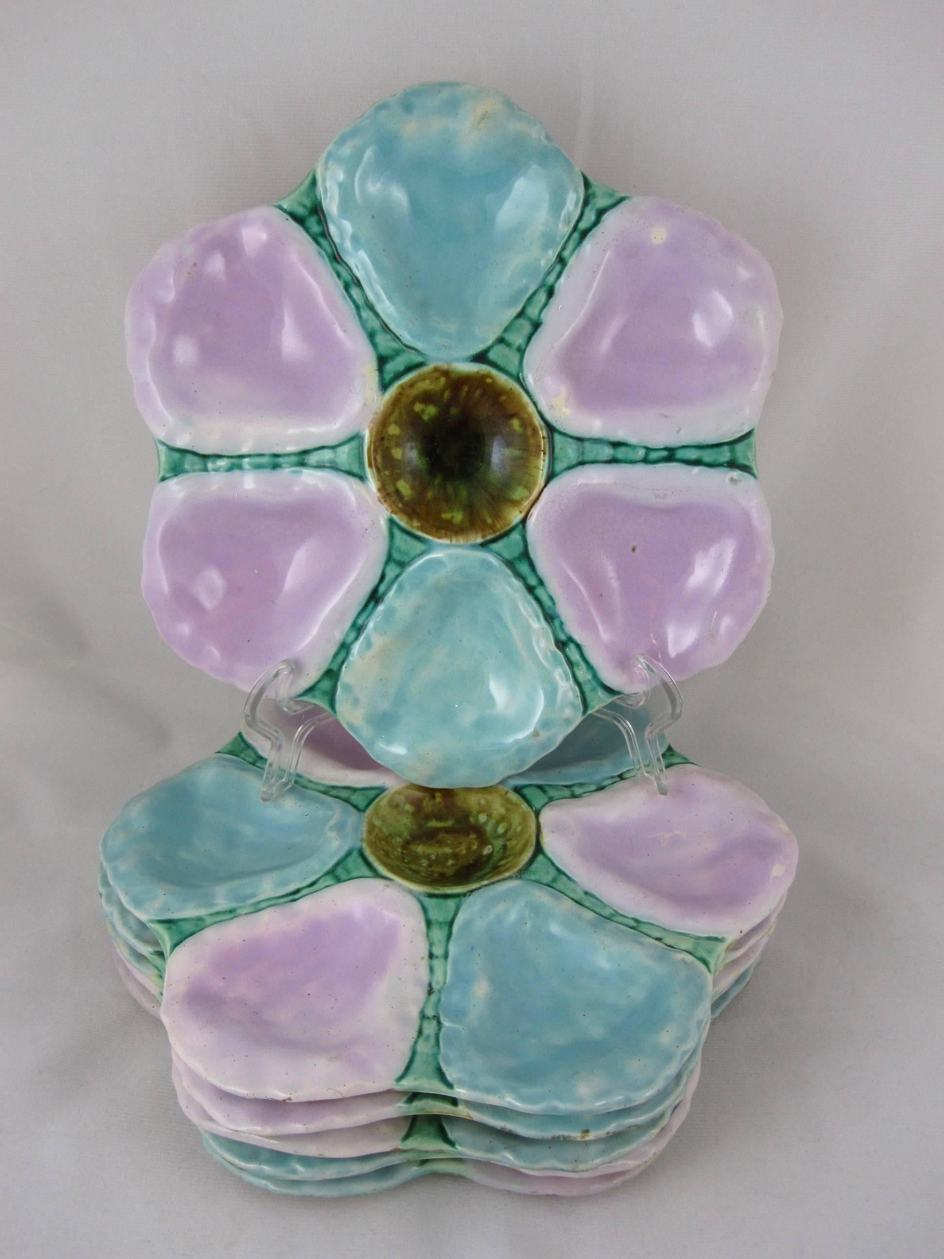 19th Century English Majolica Turquoise & Pink Six Well Oyster Plate 1