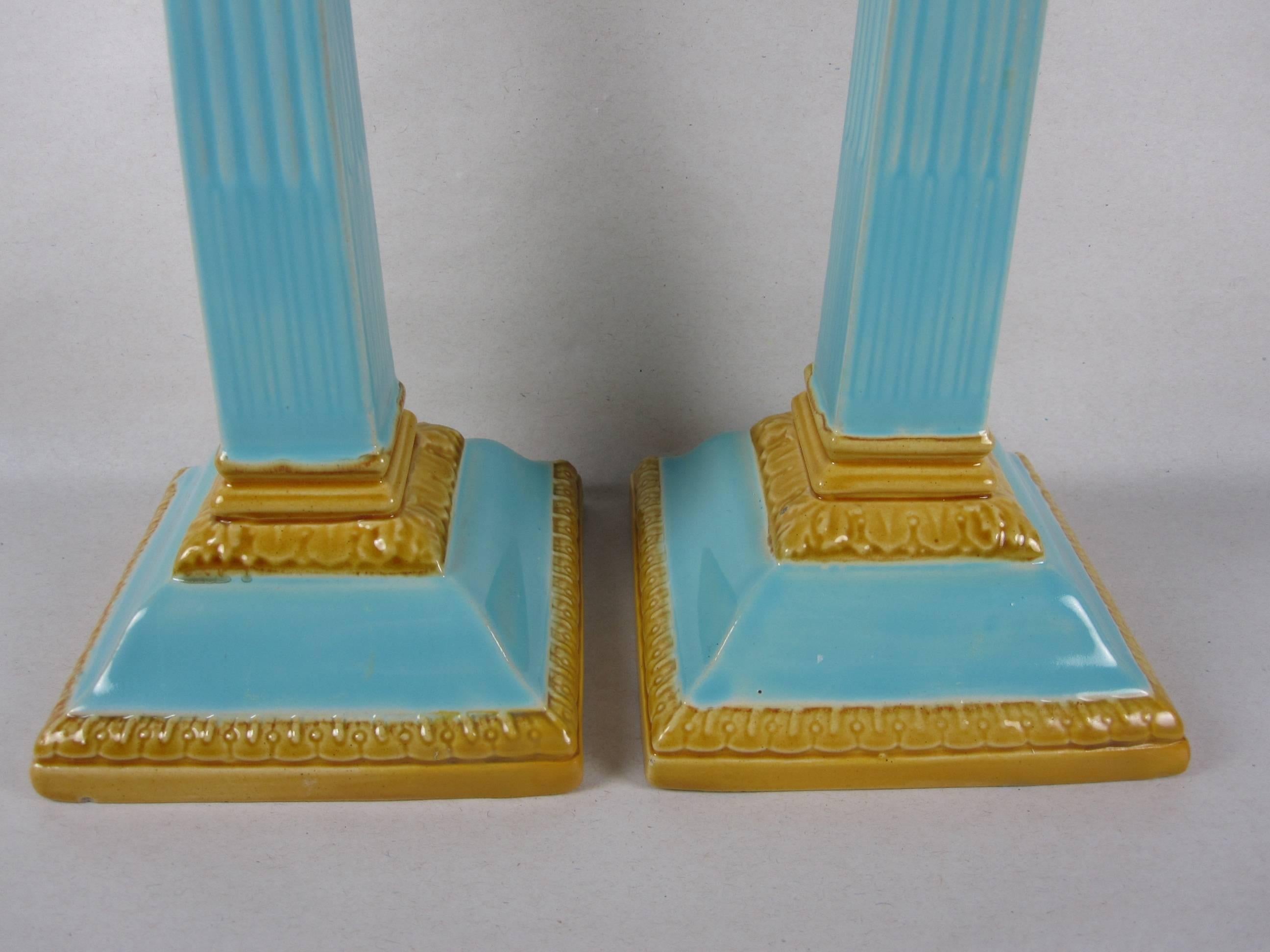 William Brownfield 19th Century Neoclassical English Majolica Candlesticks, Pair 1