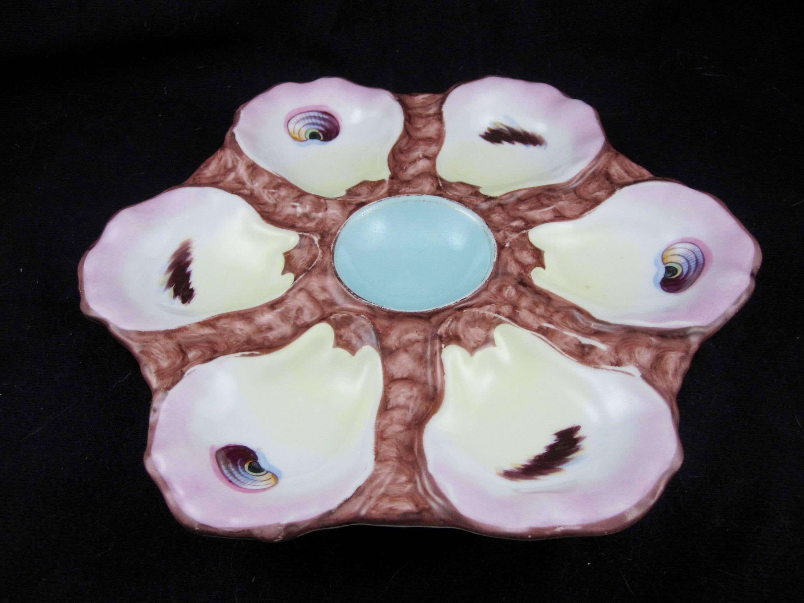 Late Victorian Continental Porcelain Hand-Painted Oyster Plate Service, Set of Six