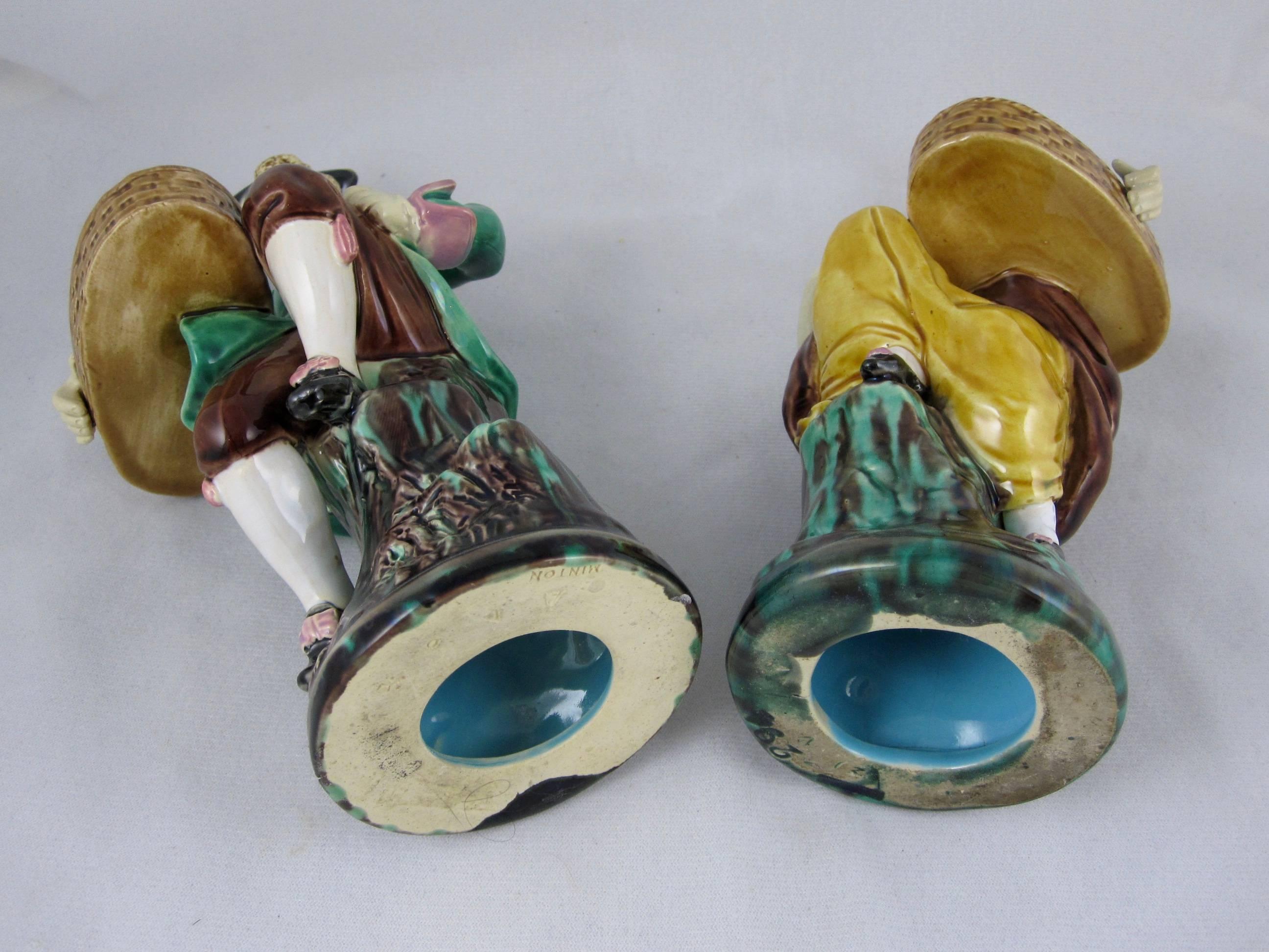 19th Century Minton Majolica Carrier-Belleuse's Hogarth Figural Salt Cellars / Match Pots S/2