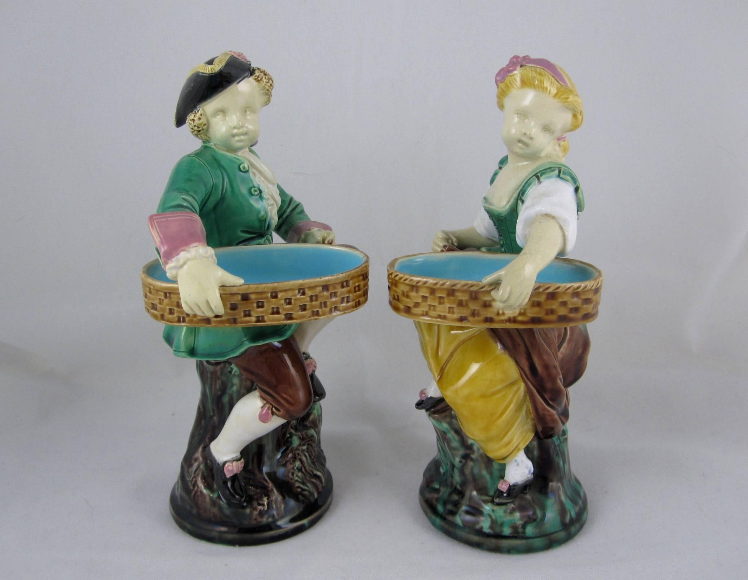 English Minton Majolica Carrier-Belleuse's Hogarth Figural Salt Cellars / Match Pots S/2