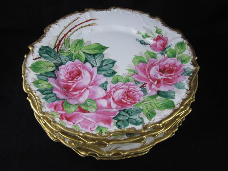 French Porcelain Gilded and HandPainted Rose Dinner Plates, Set of Six